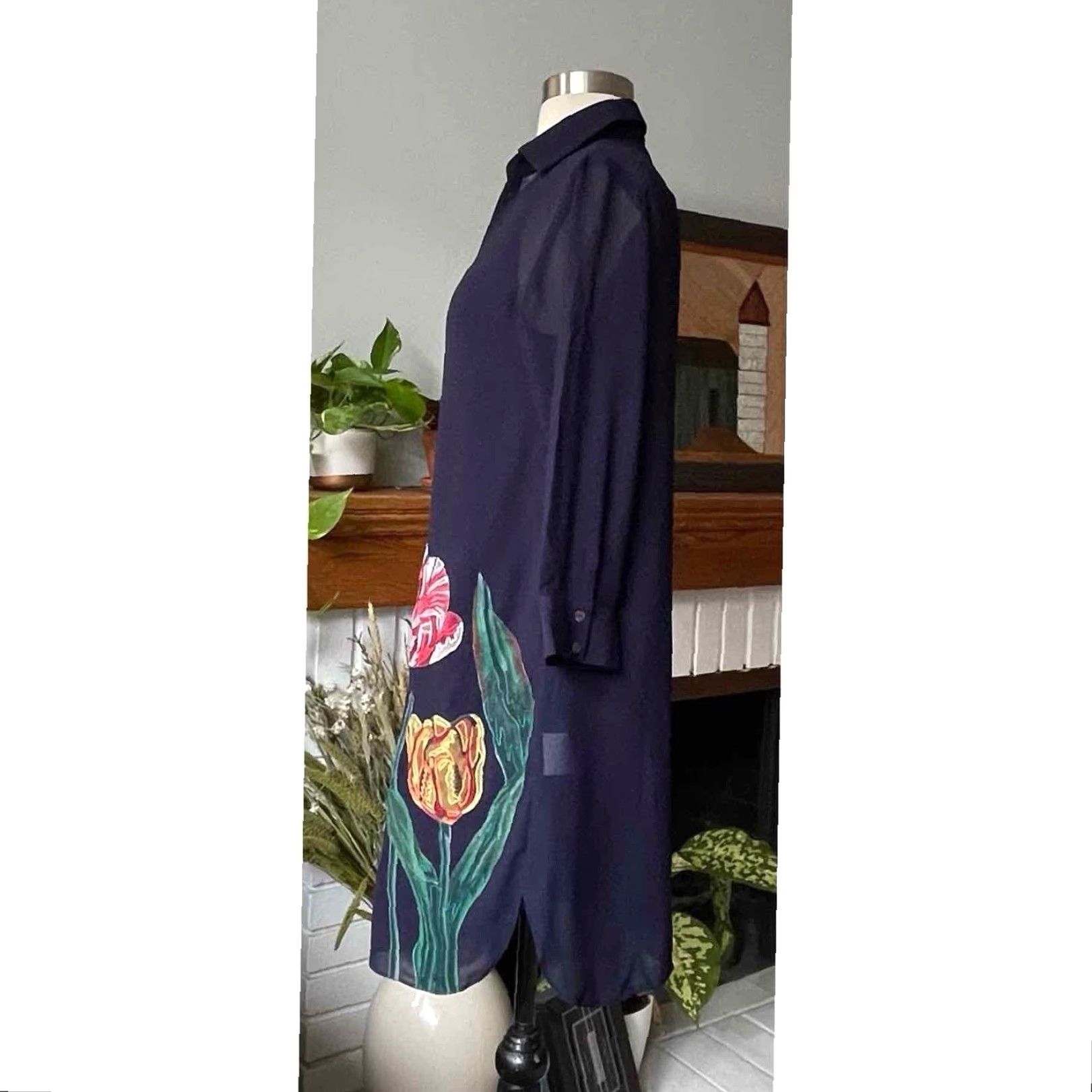Anthropologie Anthropologie Pankaj & Nidhi Navy Blue Floral Embroidered Shift Dress Midi Sz SP Women Size S / US 4 / IT 40 - 6 Thumbnail