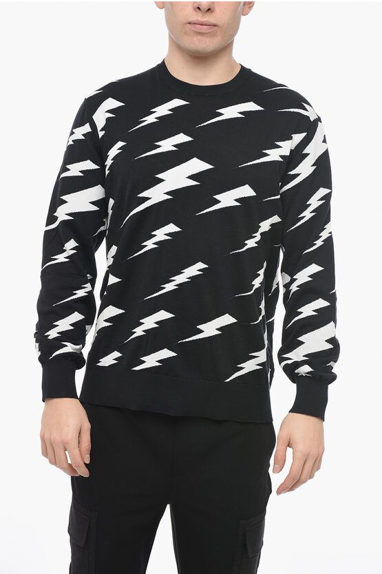 image of Neil Barrett Crew Neck Rain Bolt Cotton Sweater in Black, Men's (Size Large)