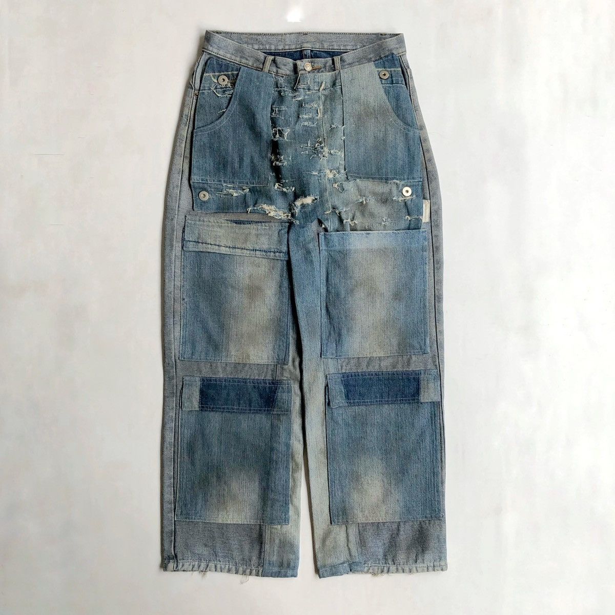 Designer Rework Distressed Dyed Washed Denim Jeans With Multi Pocket Size US 32 / EU 48 - 1 Thumbnail