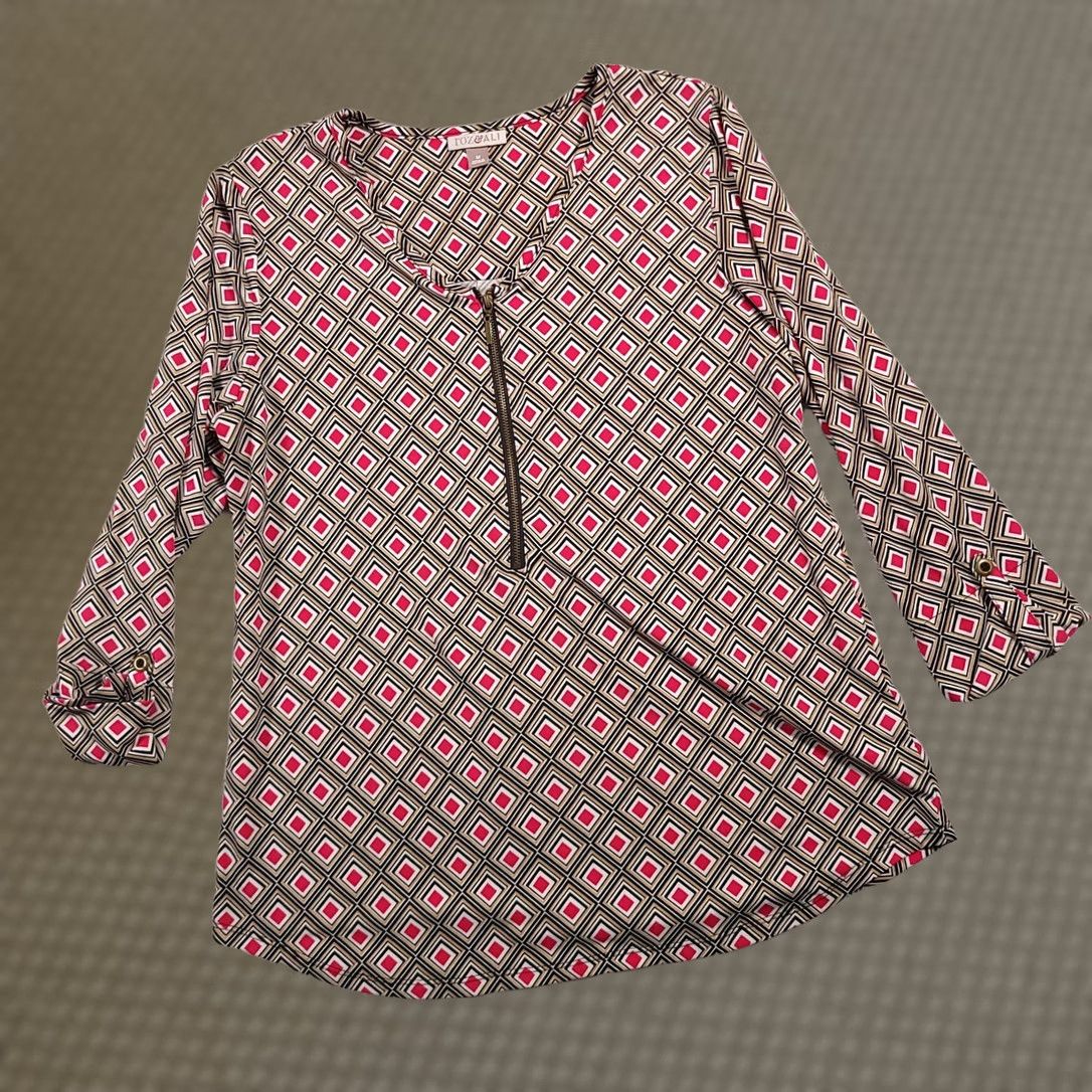 Vintage Roz & Ali Blouse Shirt Women's Medium Geometric 3/4 Sleeve 1/4 Zip Size M / US 6-8 / IT 42-44 - 1 Thumbnail