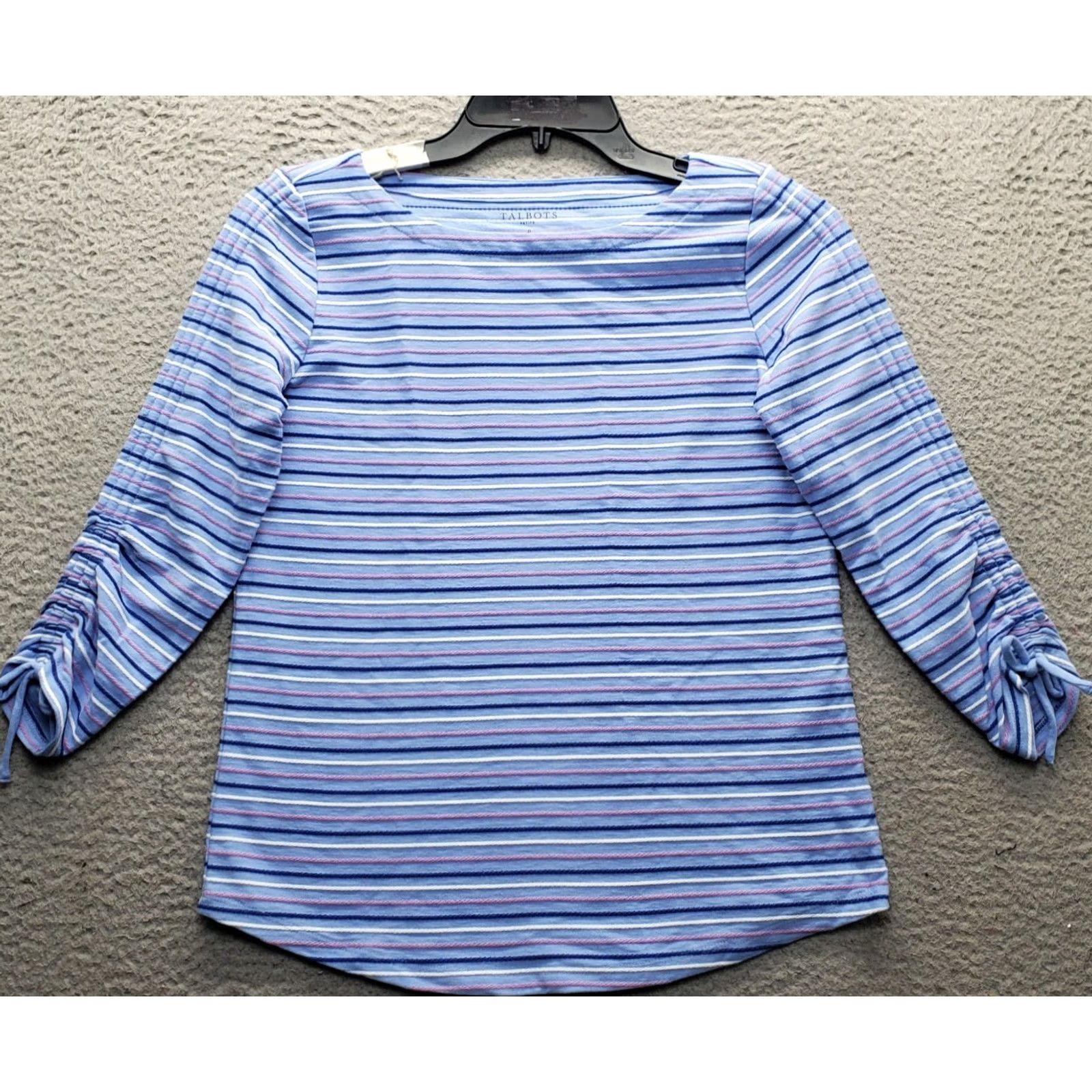 Talbots Talbots Womens Shirt Petite P Striped Ruched 3/4 Tie Sleeve Boat Neck Multicolor Cotton T-Shirt Size PP Womens Size XXS / US 00 / IT 34 - 2 Thumbnail
