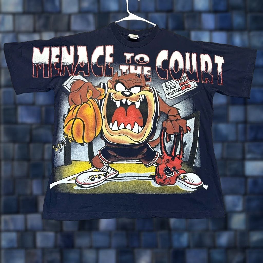 VINTAGE Looney Tunes Taz T-Shirt Men Large Blue 90s Cartoon Crew Neck Cotton Menace To The Court