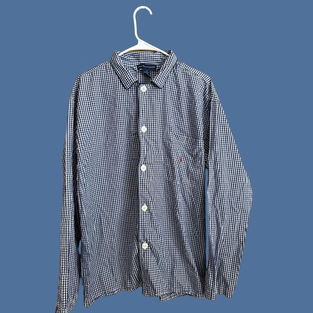 Polo Ralph Lauren POLO RALPH LAUREN Men’s M Blue Gingham Plaid Long Sleeve Dress Shirt Big Buttons Size 40R - 1 Thumbnail