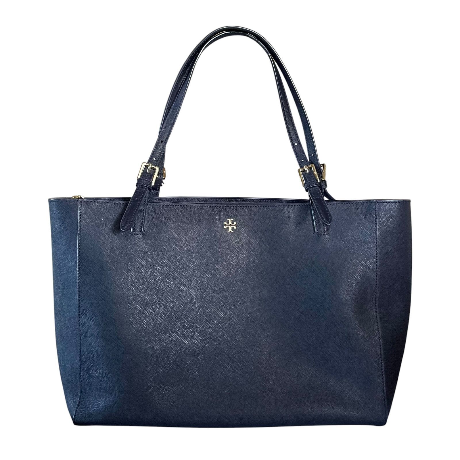 Tory Burch York Navy Blue Saffiano Leather Buckle Tote Bag