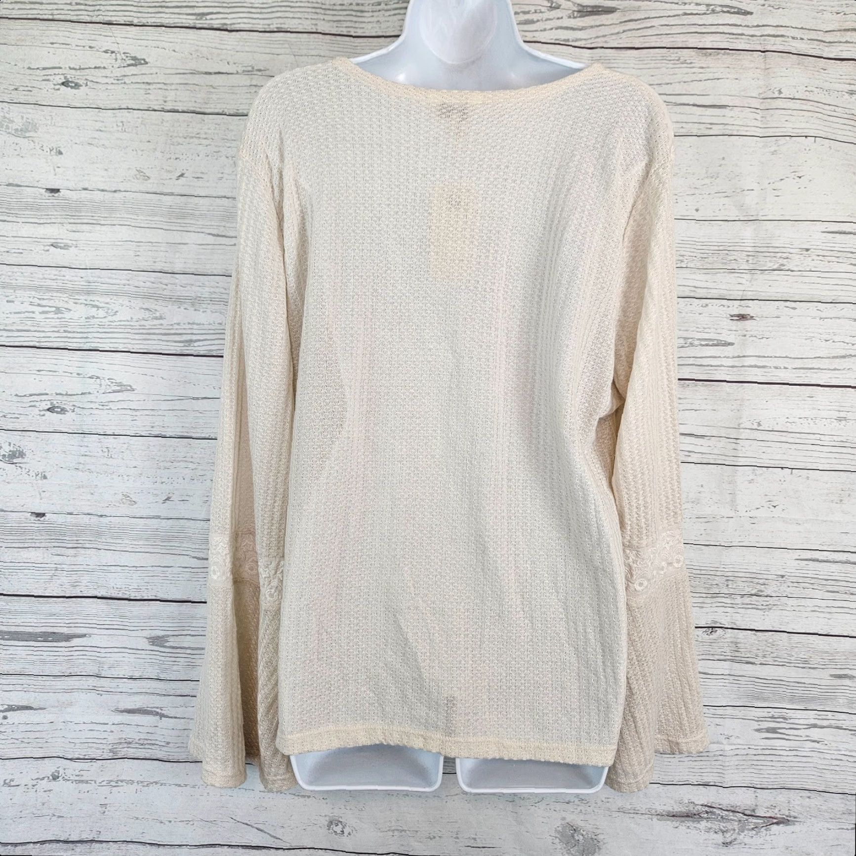 Lucky Brand Lucky Brand Womens Top Waffle Knit Cream 2XL Embroidered V-Neck Pullover Long Sleeve Shirt Size XXL / US 16-18 / IT 52-54 - 4 Thumbnail