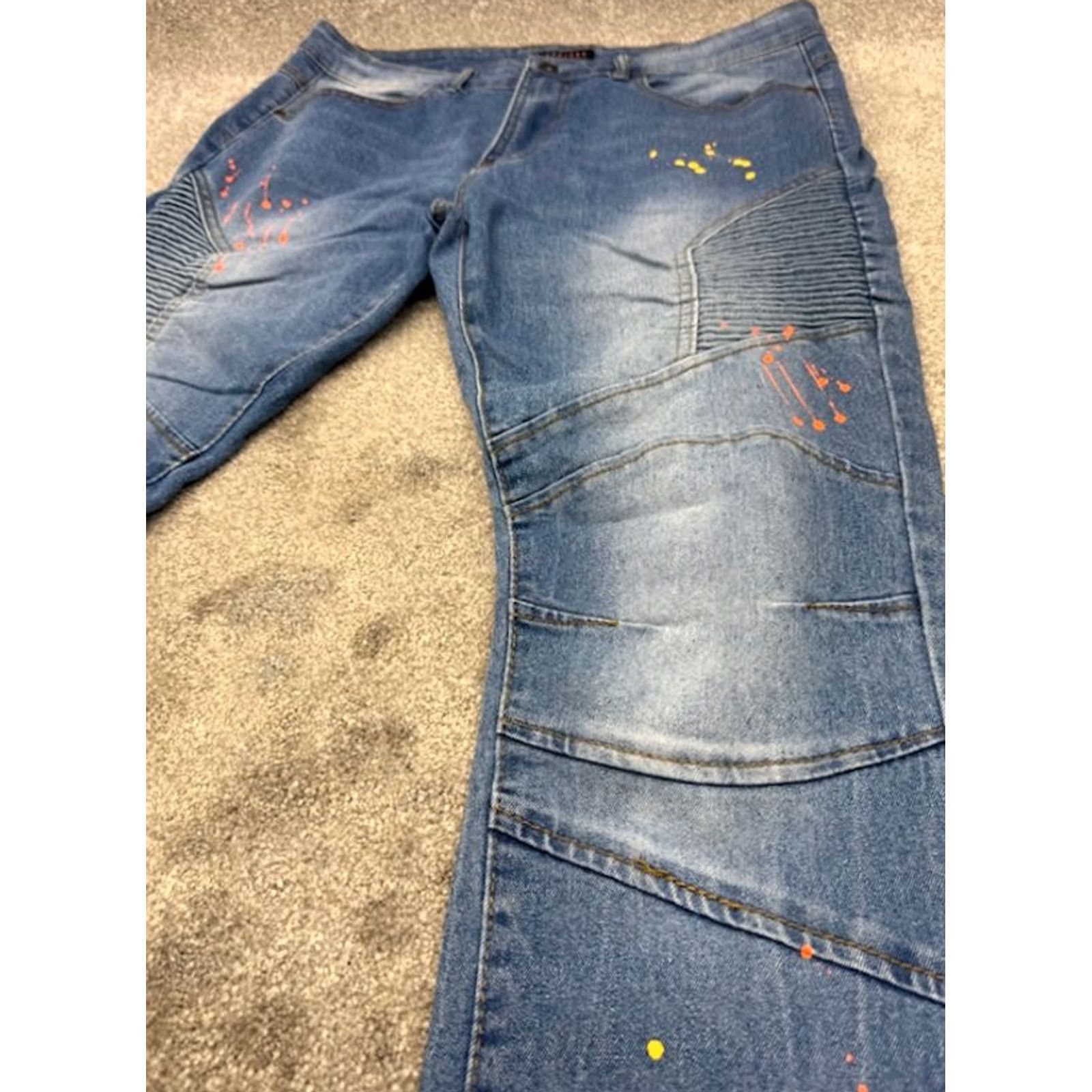 Vintage M Society Jeans Mens 36x32 Blue Denim Distressed Skinny Paint Splatter Ribbed Jeans Size US 36 / EU 52 - 7 Thumbnail