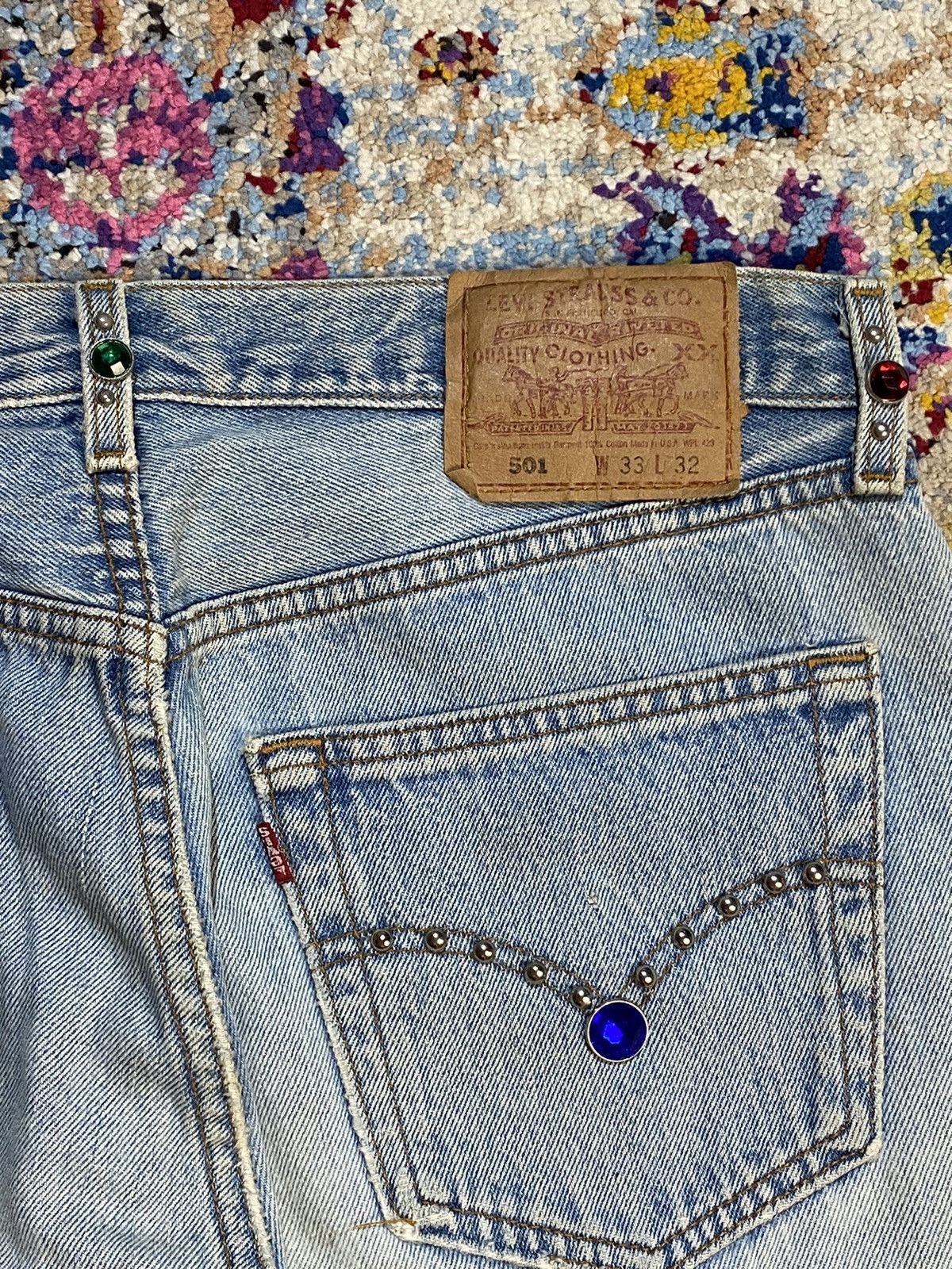 Levi's × Vintage WASHED BLUE 501 LEVIS RINDEM CUSTOM STUDS RHINESTONE Size US 33 - 16 Thumbnail