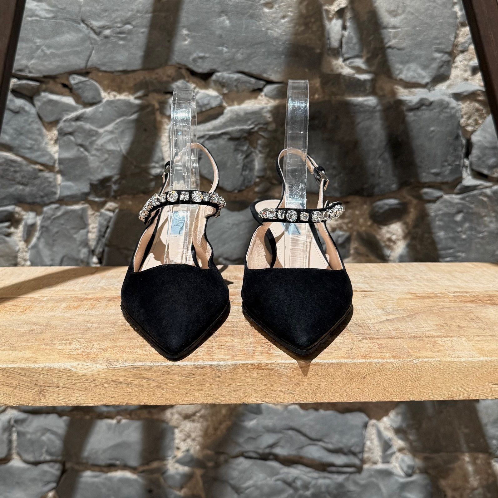 Prada Prada Black Suede Crystal Embellished Slingback Pumps Size US 7 / IT 37 - 2 Thumbnail