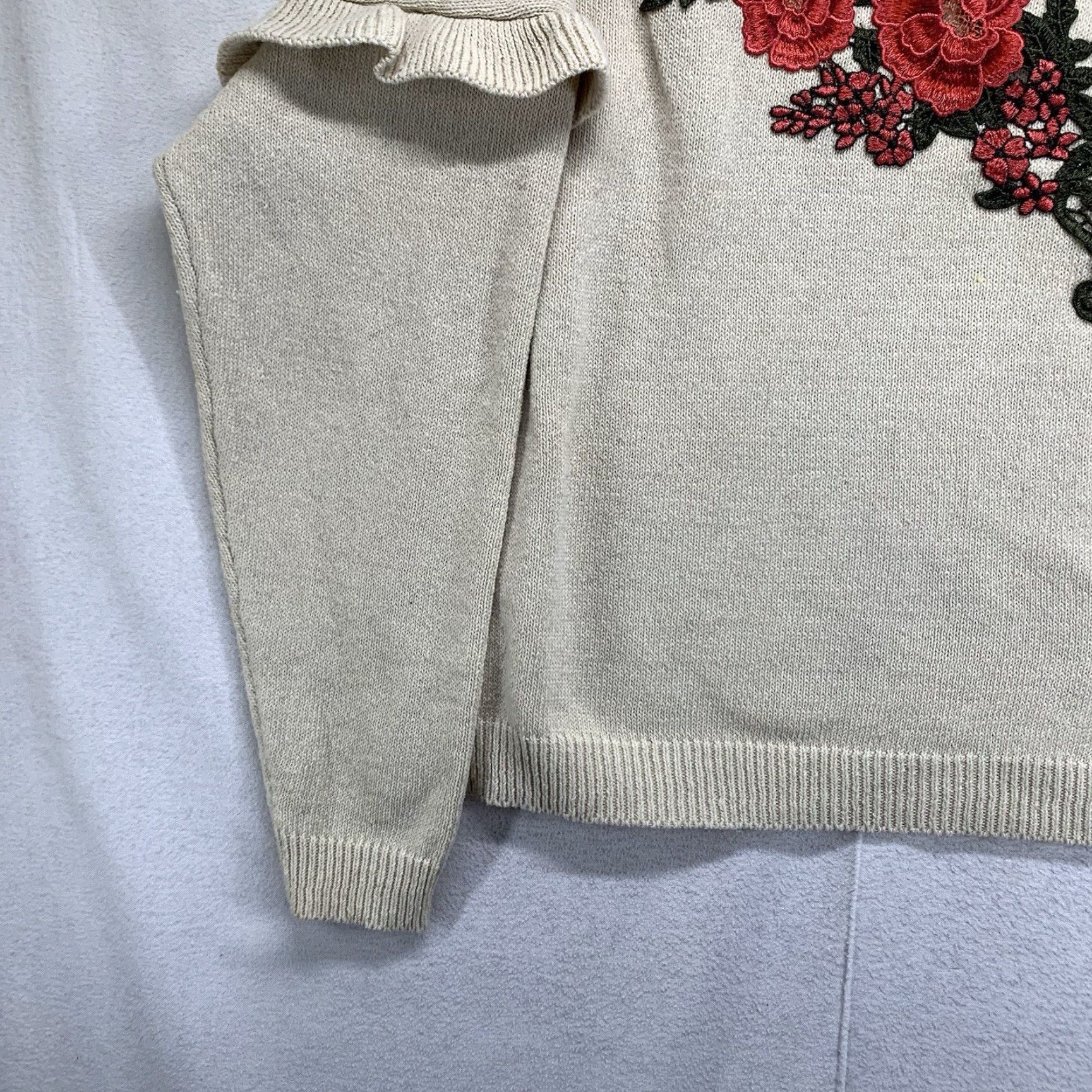 Vintage Woven Heart Women's Sweater Large Floral Embroidered Ruffle Sleeve Cropped All Seasons Bohemian Size L / US 10 / IT 46 - 7 Thumbnail
