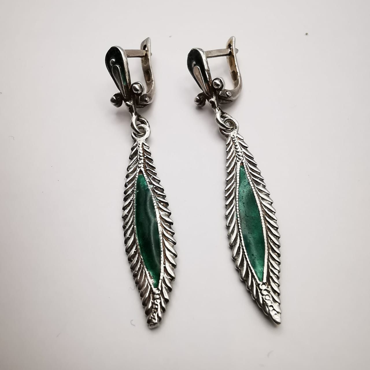 Vintage Vintage Earrings "Willow Leaves" 925 Sterling Silver, Enamel Size ONE SIZE - 1 Thumbnail