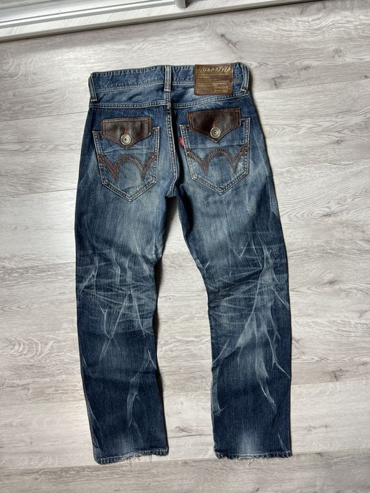 Edwin RARE Vintage Edwin 503 Blue Trip Leather Details Denim Pants