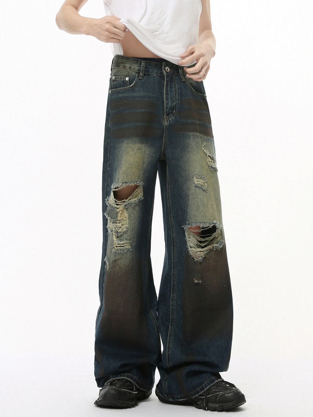 Vintage Men's Street Distressed Hip-Hop Ripped Straight-Leg Jeans Size US 32 / EU 48 - 3 Thumbnail