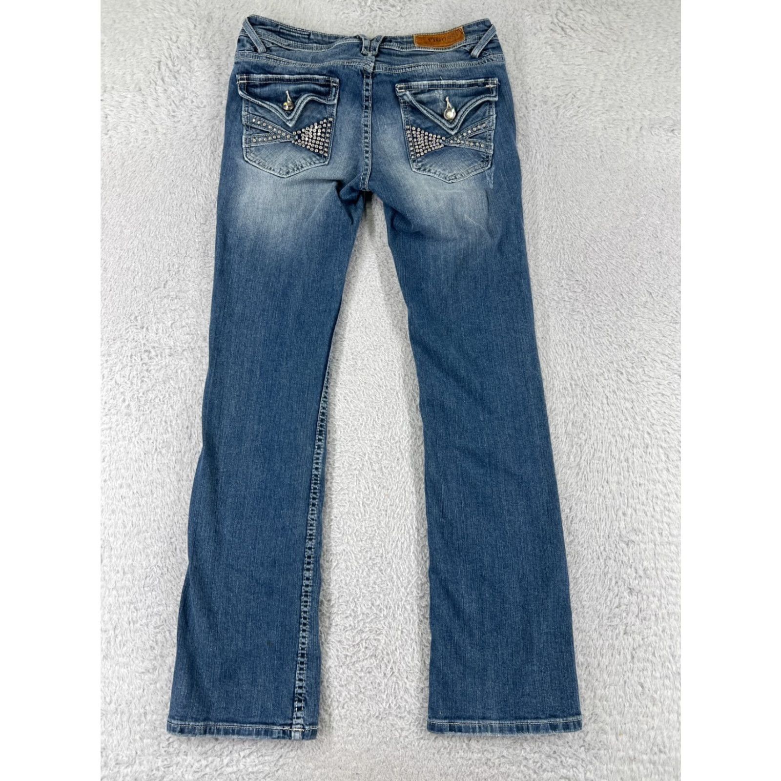 Vintage VIGOSS Denim Jeans Women 27 Blue Distressed Rhinestone Embellished 5-Pocket Straight Boot Cut Pants Size 27" / US 4 / IT 40 - 2 Thumbnail