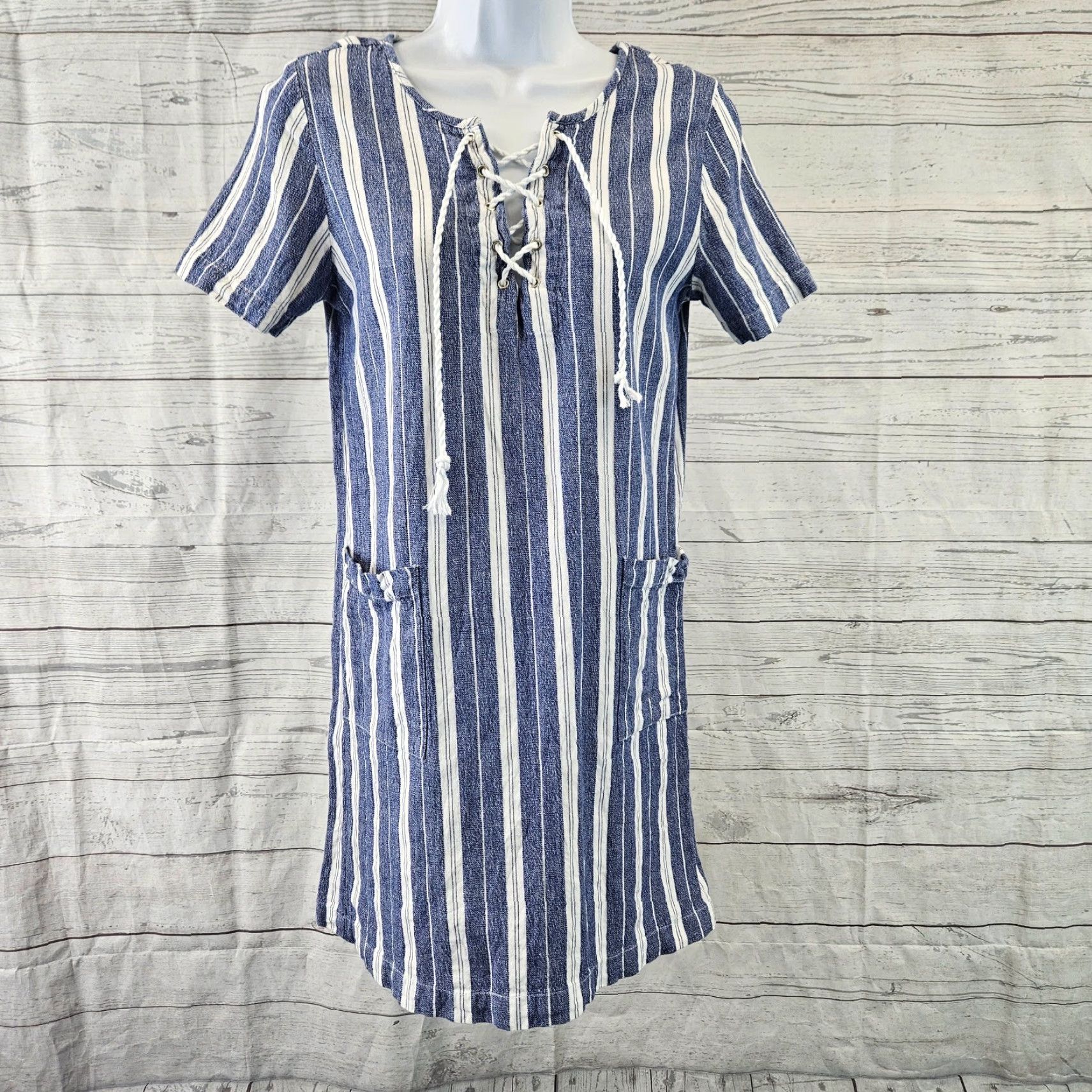 Vintage Mudpie Womens Dress Sz Small Blue White Stripe Short Sleeve Cotton Pockets Dress Size 28" / US 6 / IT 42 - 2 Thumbnail