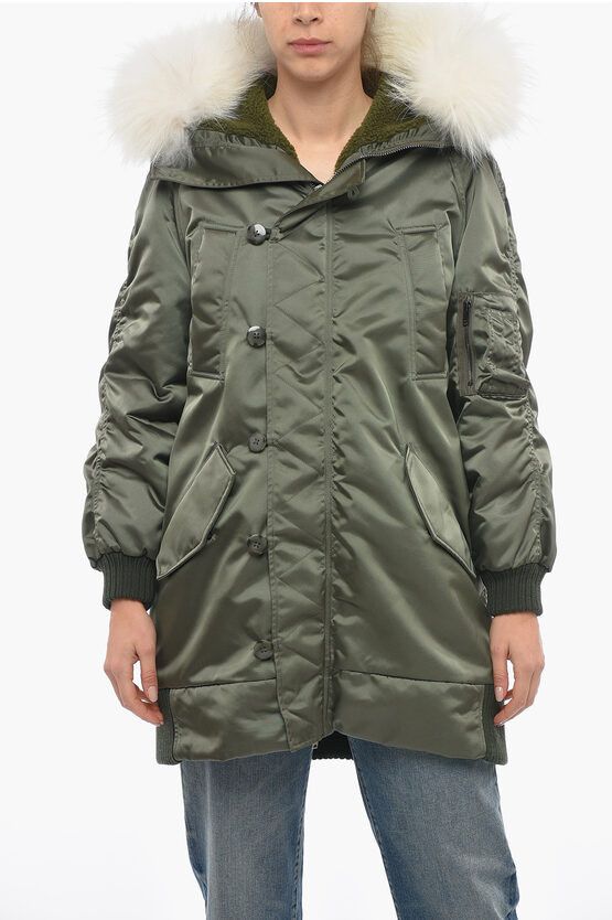 image of Dondup Parka With Cuffs And Fur On The Hood in Green, Women's (Size Small)