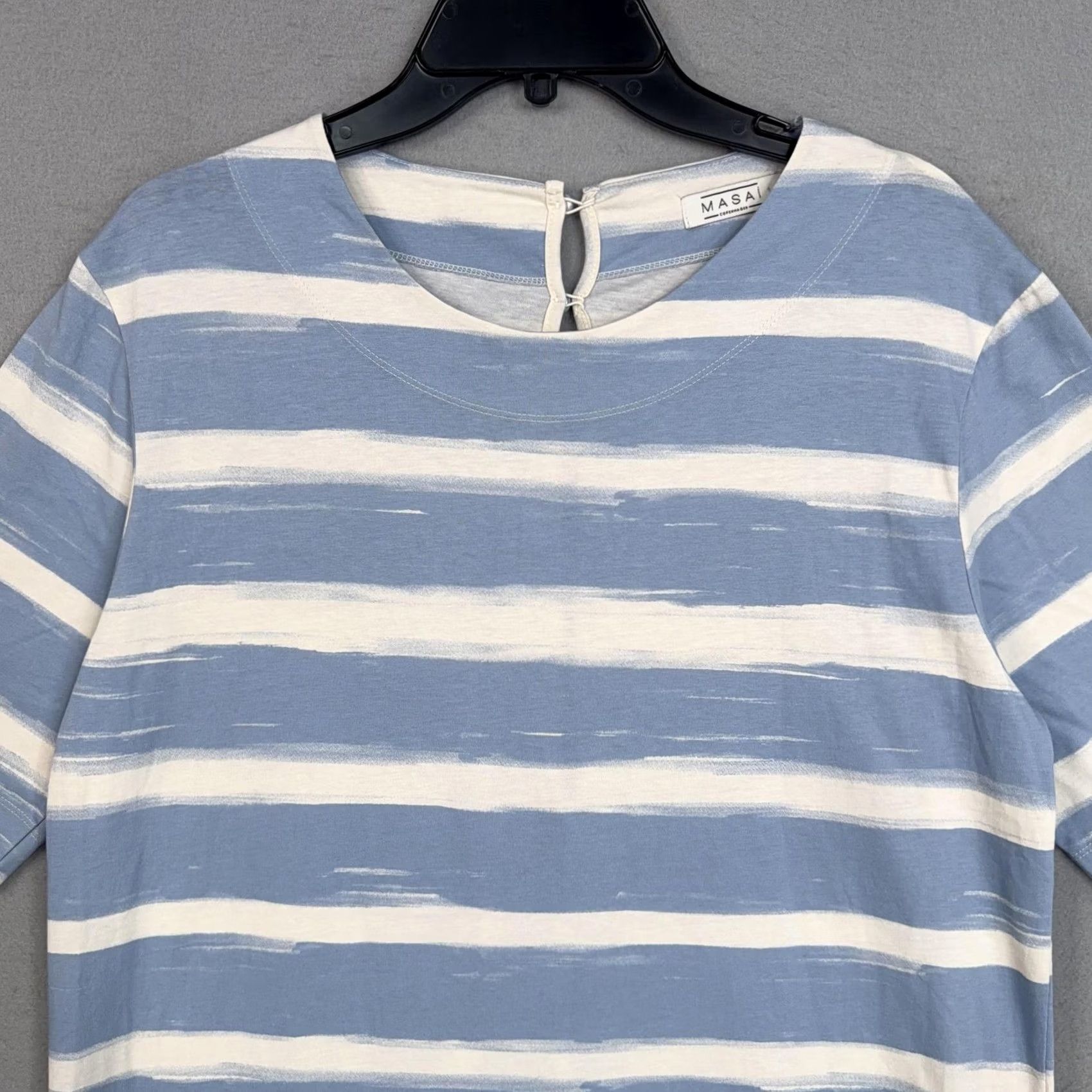 Vintage Masai Dress Womens Medium Blue White Stripe T Shirt Midi Side Slit Jersey Cotton Size M / US 6-8 / IT 42-44 - 2 Thumbnail