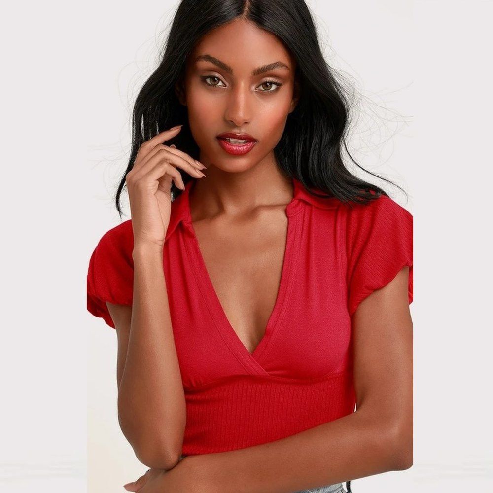 Free People NWT New Free People Molly Red Ribbed Short Sleeve Surplice Size XS / US 0-2 / IT 36-38 - 2 Thumbnail