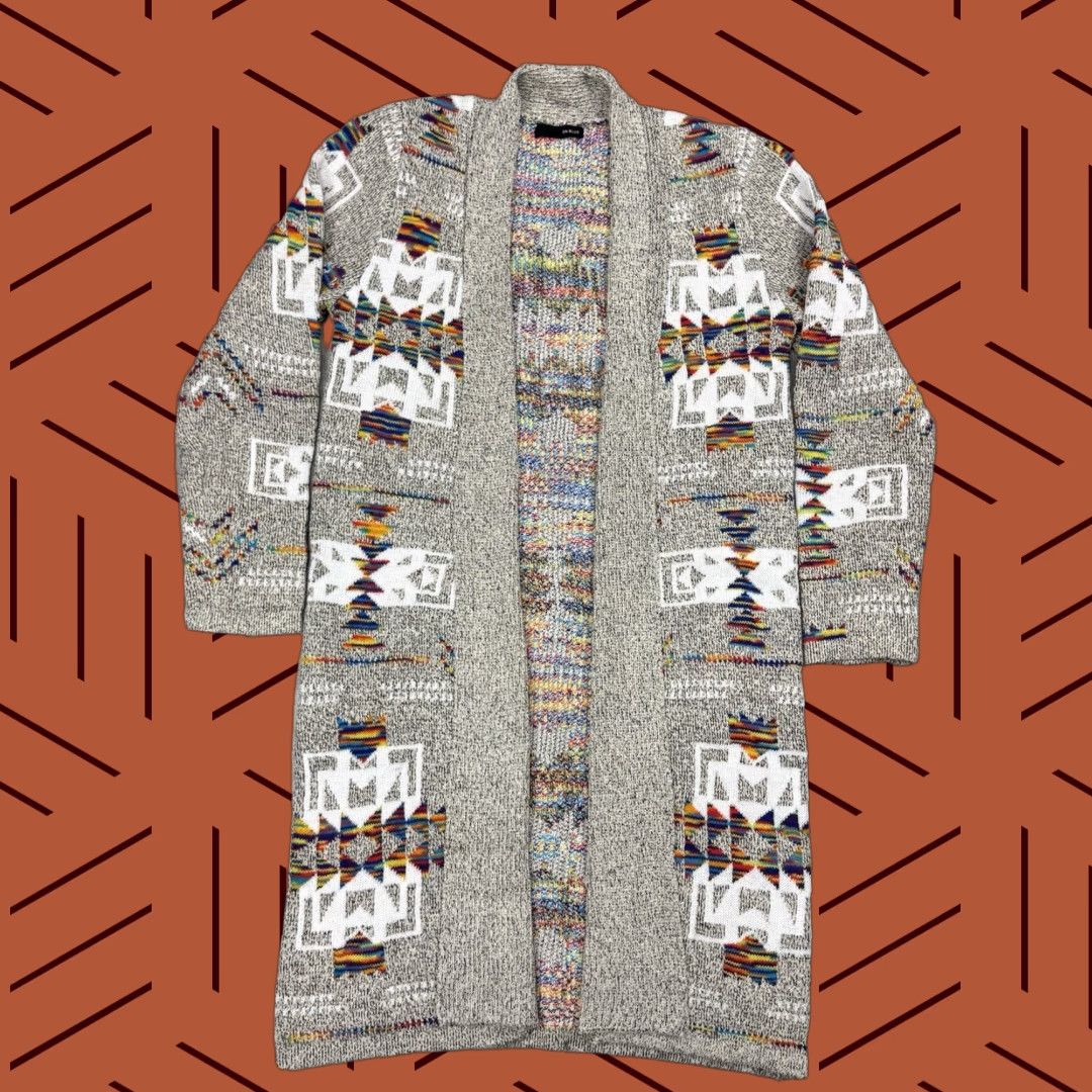 Rainbow VINTAGE ON BLUE Women's Open Front Long Cardigan Rainbow Aztec Knit Sweater Casual Fall Spring Summer Winter Ladies Size L / US 10 / IT 46 - 1 Thumbnail