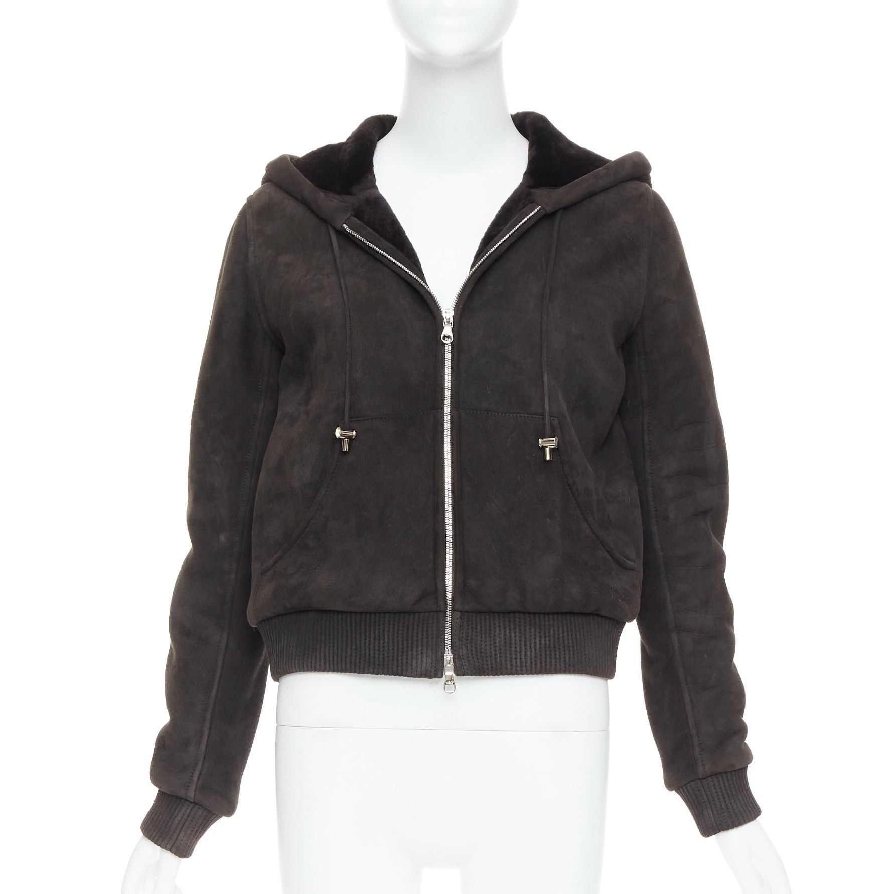 Loewe LOEWE charcoal brown lamb shearling lined hooded cropped suede jacket FR38 M Size M / US 6-8 / IT 42-44 - 1 Thumbnail