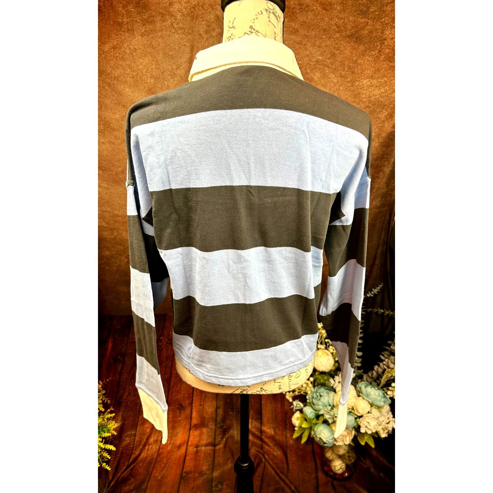 Other Aerie Striped Cropped Long Sleeve Collared Top Blue Black L Size L / US 10 / IT 46 - 7 Thumbnail