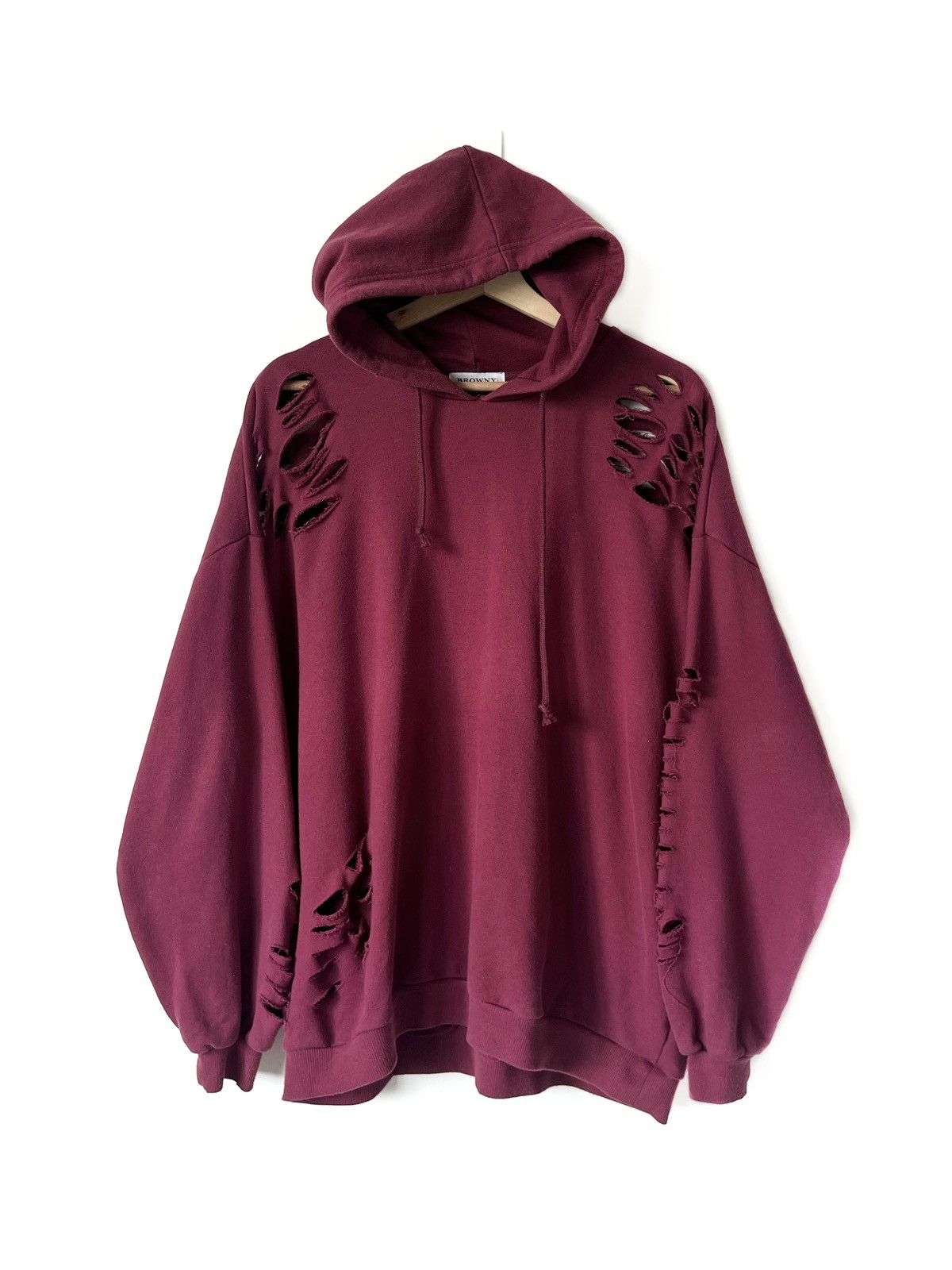 image of Archival Clothing Browny Distressed Maroon Hoodie in Red, Men's (Size Large)