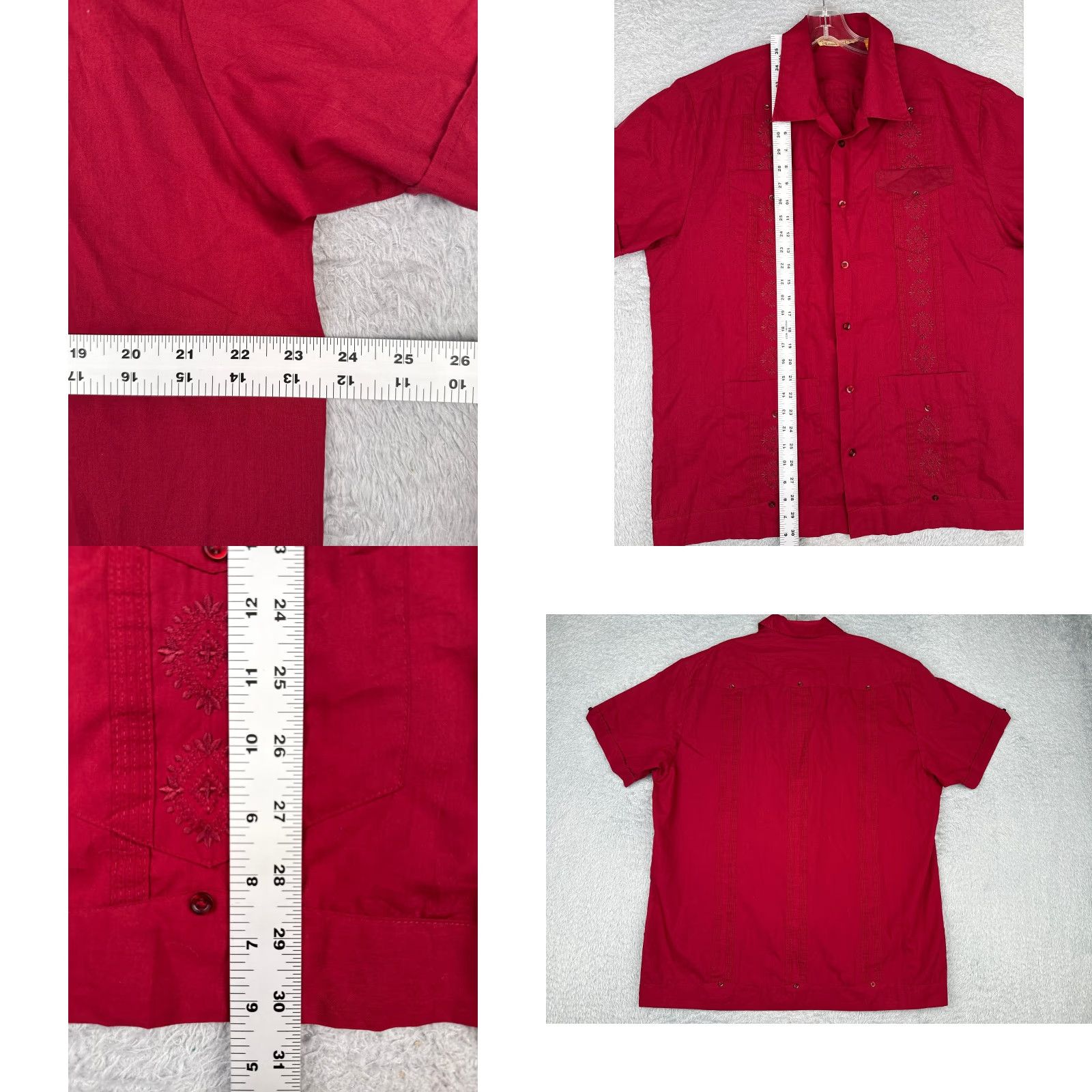 CO Havanera Guayabera Shirt Men Large Red Button Up 4 Pocket Poly Blend READ Size US L / EU 52-54 / 3 - 8 Thumbnail