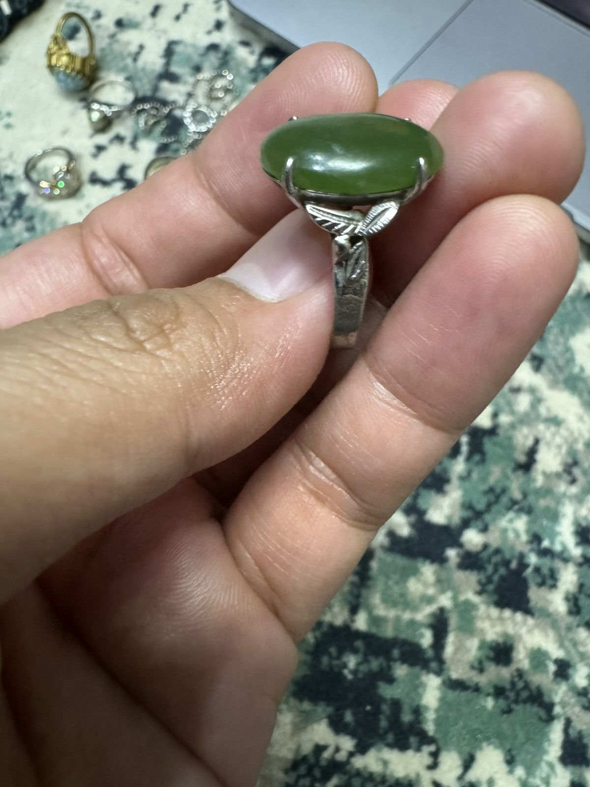 Jewelry × Sterling Silver × Vintage GREEN JADE GEMSTONE RING Size ONE SIZE - 6 Thumbnail