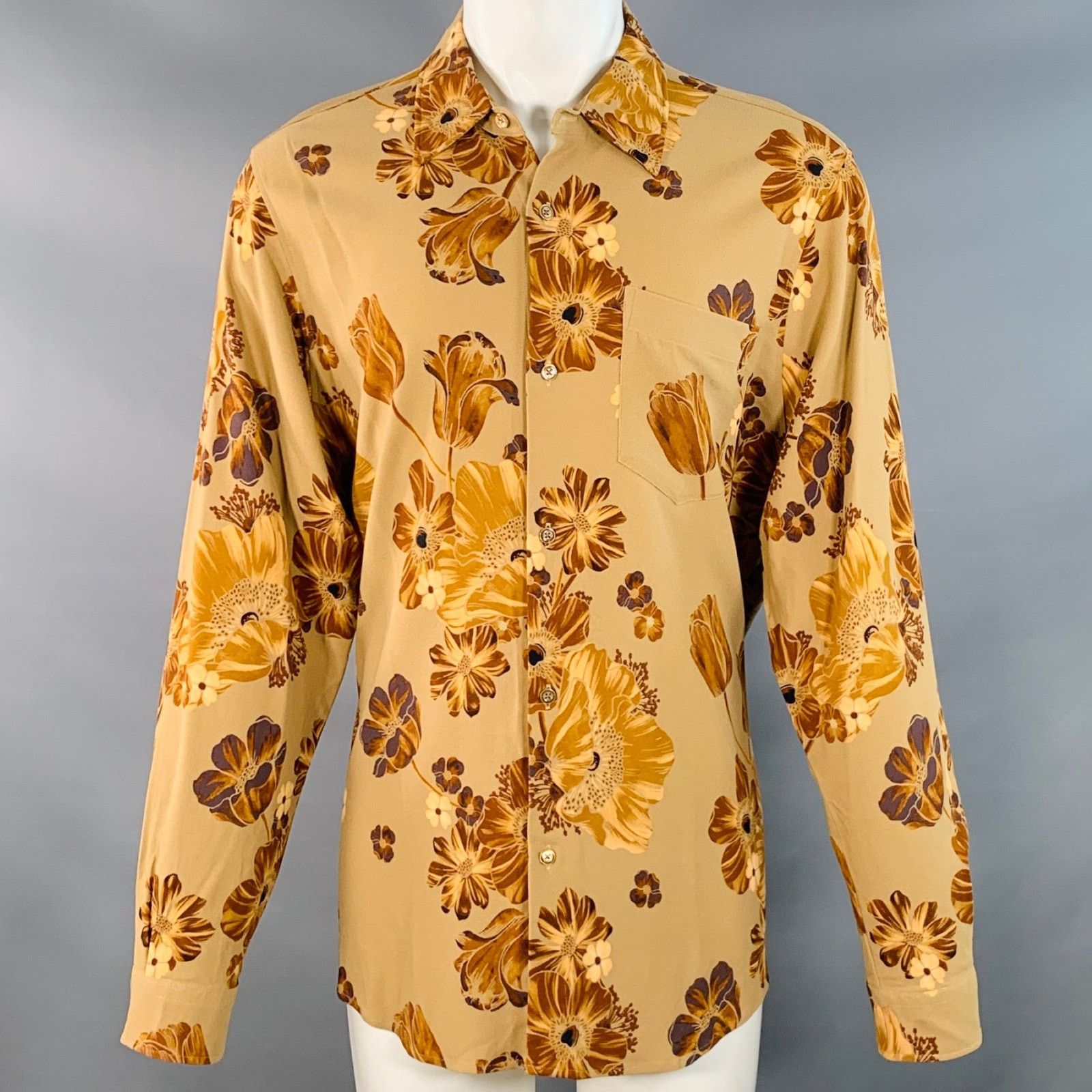 AMI Brown Tan Floral One Pocket Oversized Long Sleeve Shirt Size US M / EU 48-50 / 2 - 1 Thumbnail