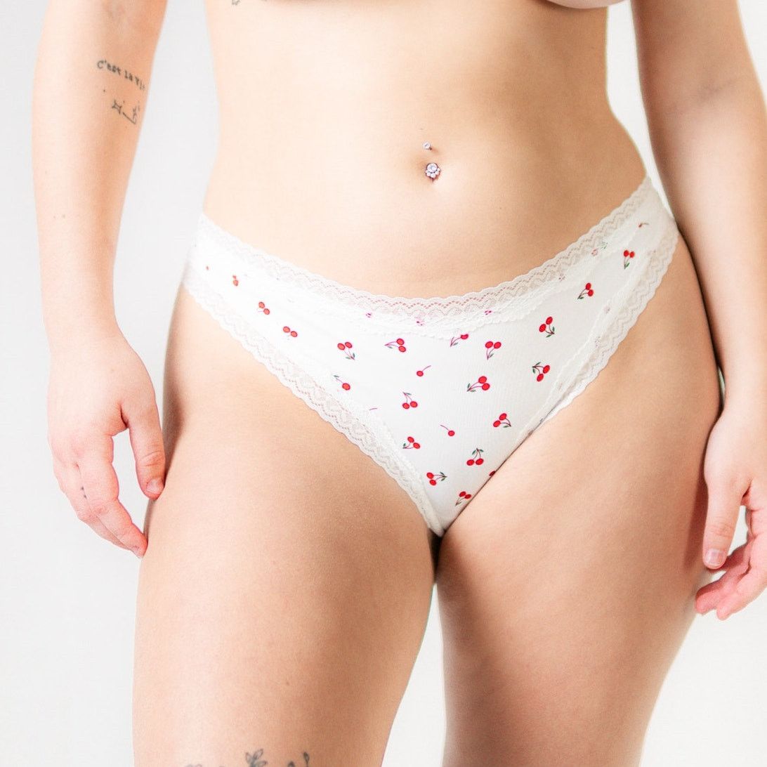 Designer Cherry Print Lace Mid Rise Thong Panties Size ONE SIZE - 2 Thumbnail