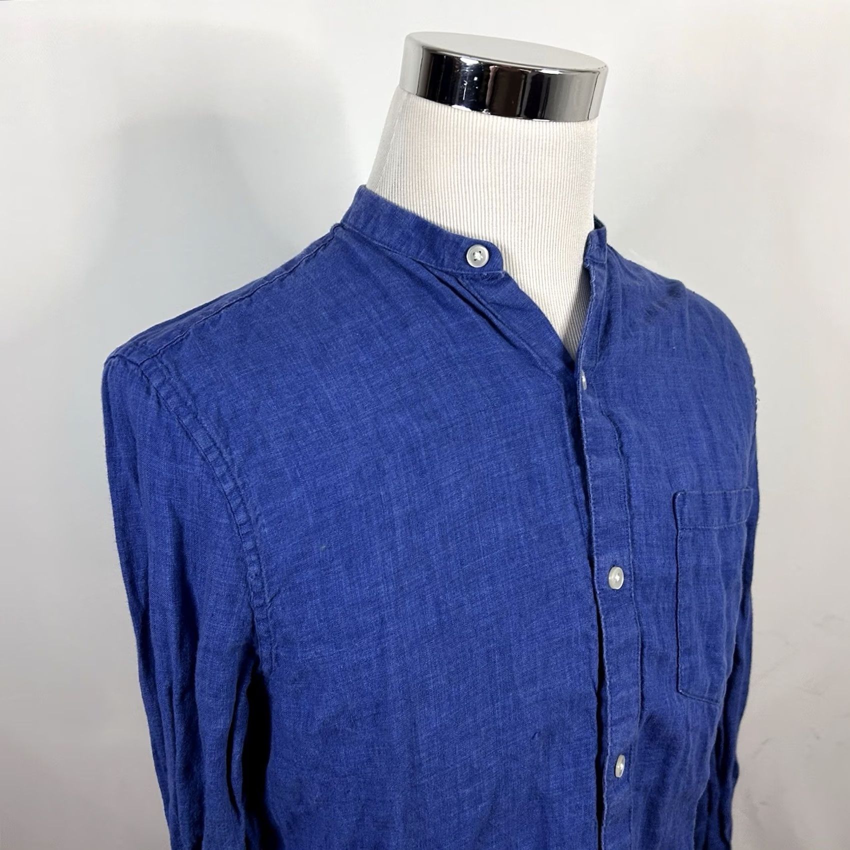 H&M H&M Button-Up Linen Shirt Blue Wash Band Collar Regular Fit Mens M Size US M / EU 48-50 / 2 - 2 Thumbnail