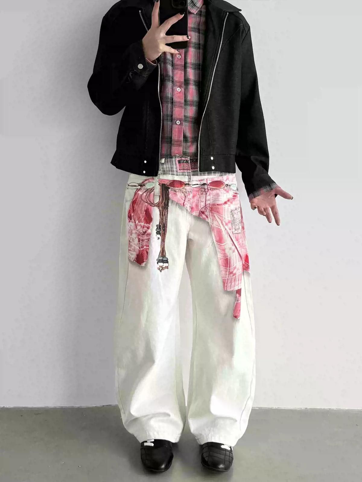 Japanese Brand White Baggy Wide Leg Pants with Pink Plaid Shirt 3D Print Size US 32 / EU 48 - 5 Thumbnail
