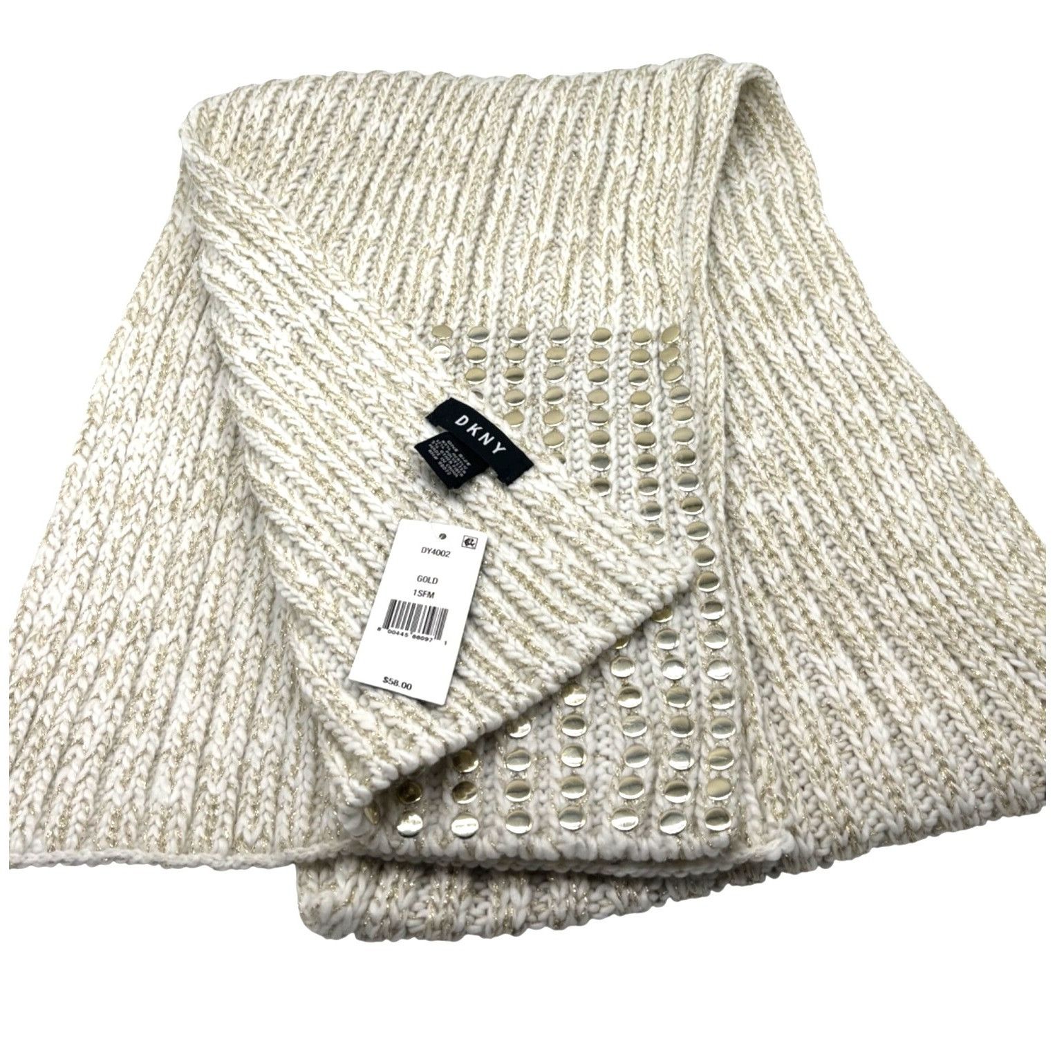 DKNY DKNY Flat-Stud Metallic Rib-Knit Scarf, Ivory/Gold Size ONE SIZE - 2 Thumbnail