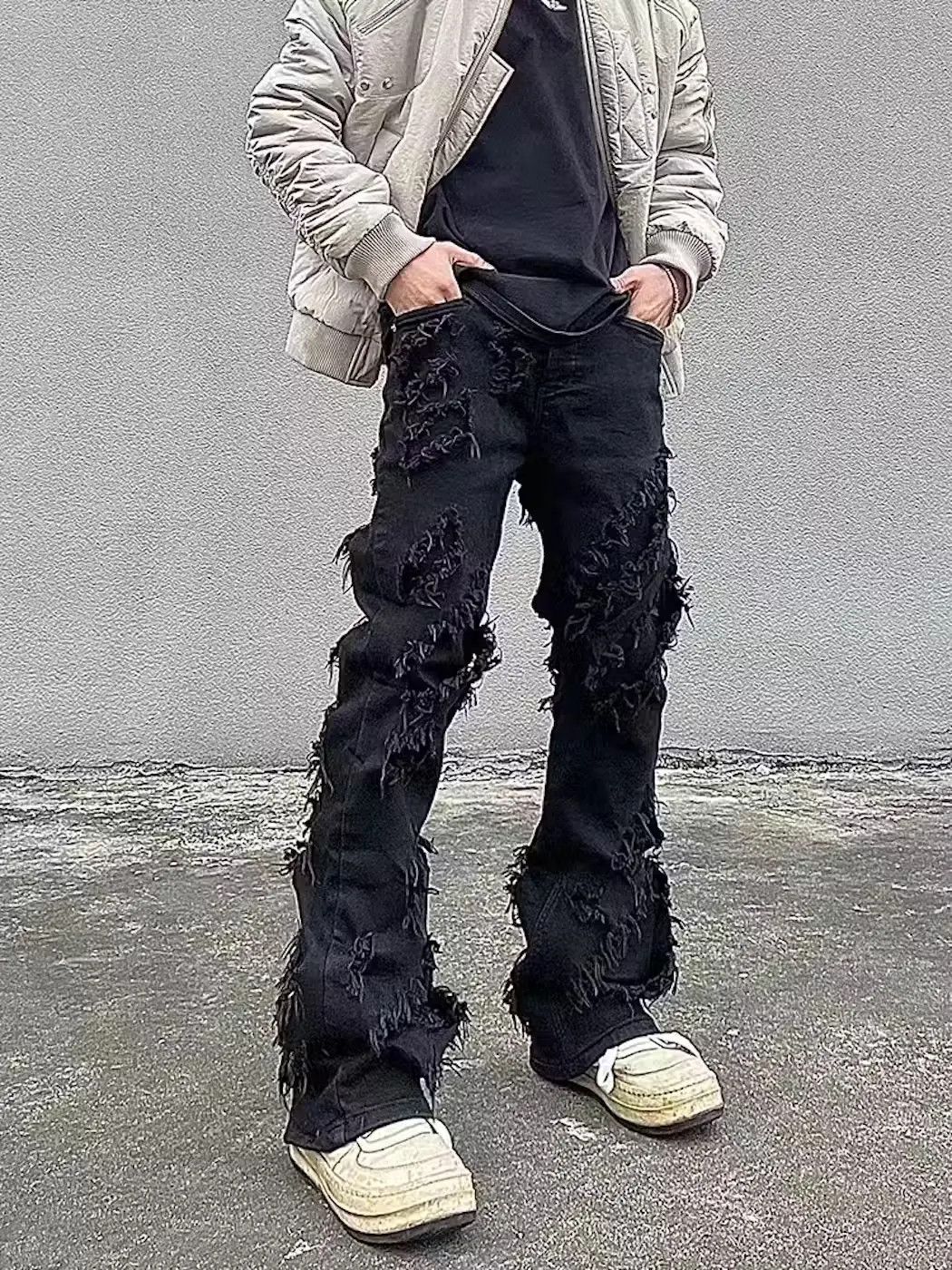 image of High Street Black Raw Edge Ripped Jeans, Men's (Size 32)