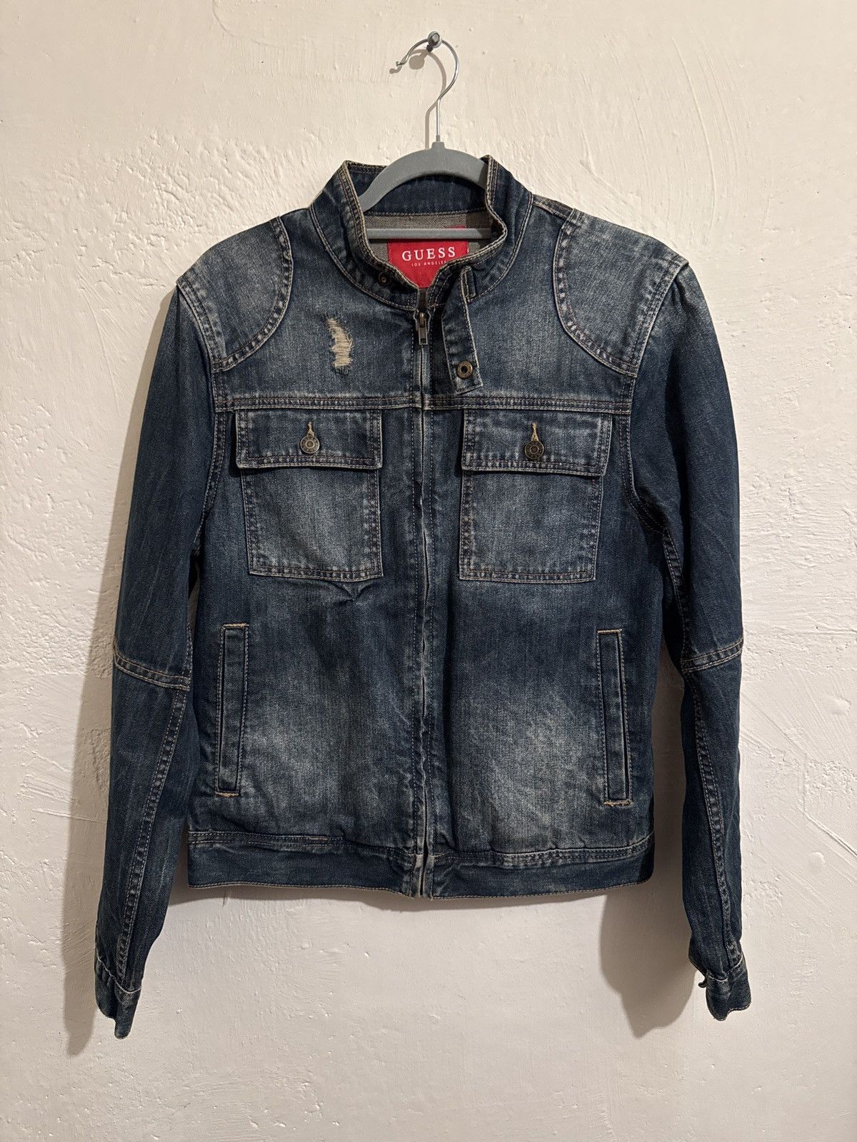 Guess Guess Distressed Denim Jacket – Classic Moto Style Size US S / EU 44-46 / 1 - 1 Thumbnail