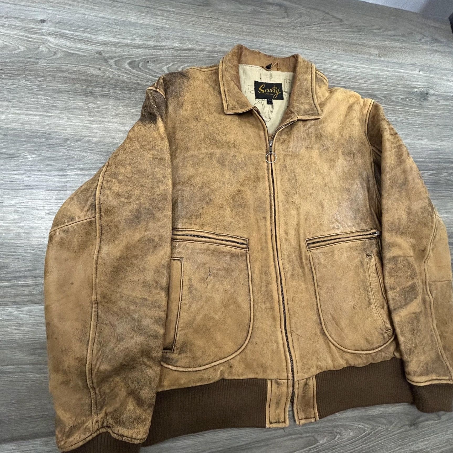 Scully VINTAGE Scully Leather Jacket Mens L Bomber Jacket 90s Army Brown Patina Full Zip Lined Casual Mens Size US L / EU 52-54 / 3 - 4 Thumbnail