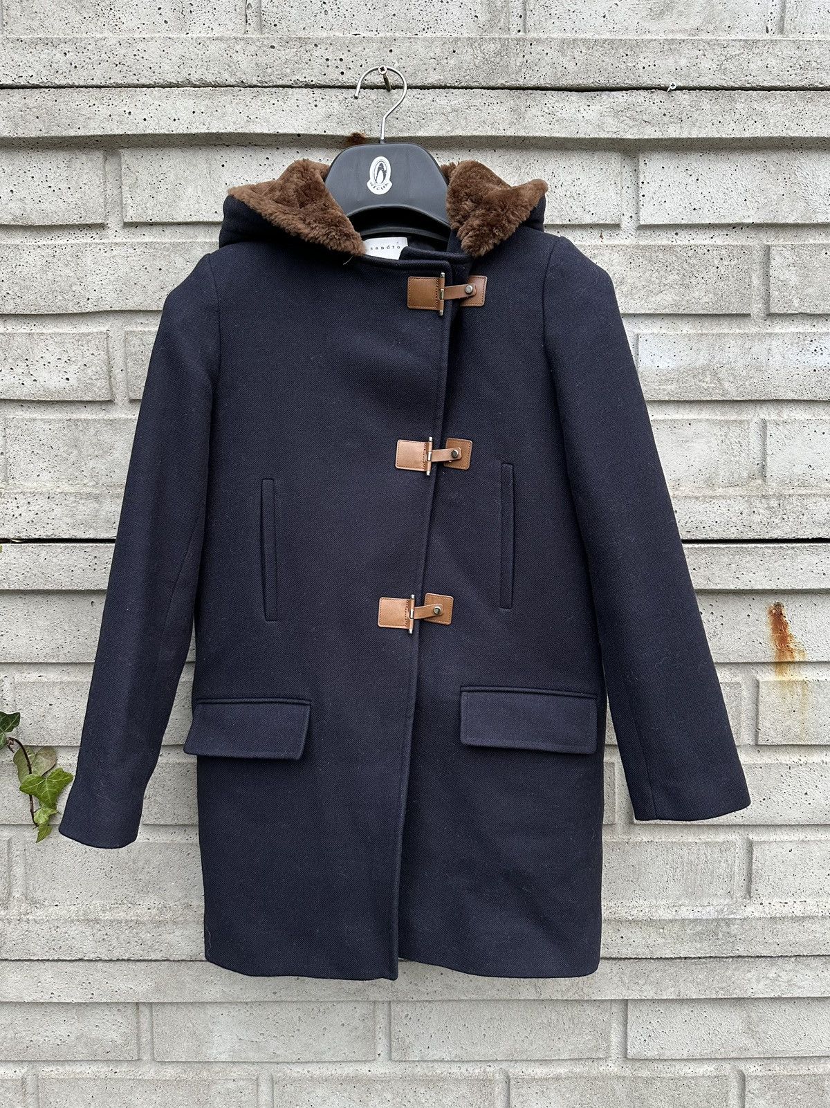 image of Designer Sandro 100% Virgin Wool Coat With Hood, Size 36 in Navy, Women's