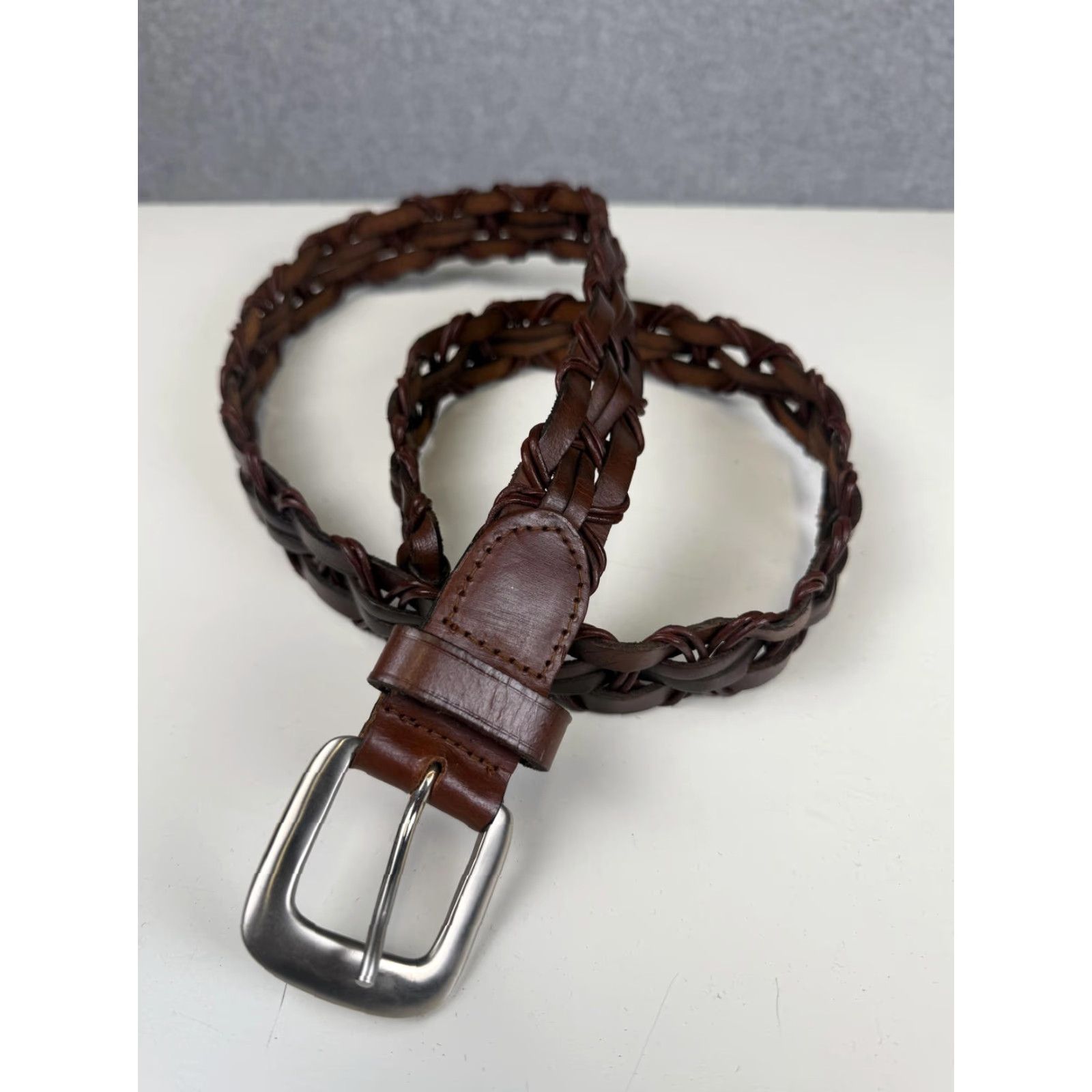 Vintage VINTAGE Belt Men XL 42" Genuine Leather Silver Brass Hardware Brown One size Regular Mens Size ONE SIZE - 2 Thumbnail