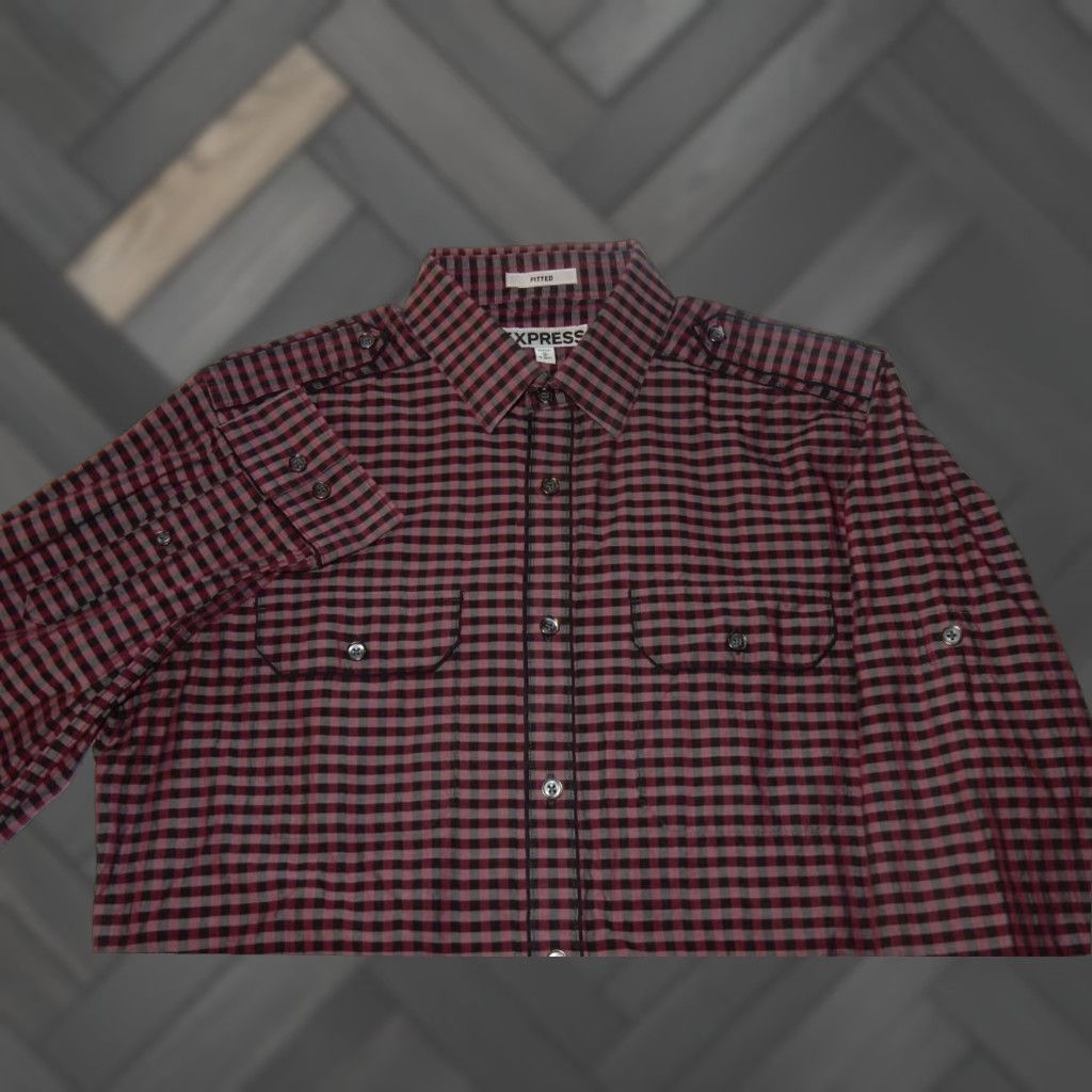 Express Express Mens Plaid Button Front Shirt Long Sleeve Medium Purple Cotton Size US M / EU 48-50 / 2 - 1 Thumbnail