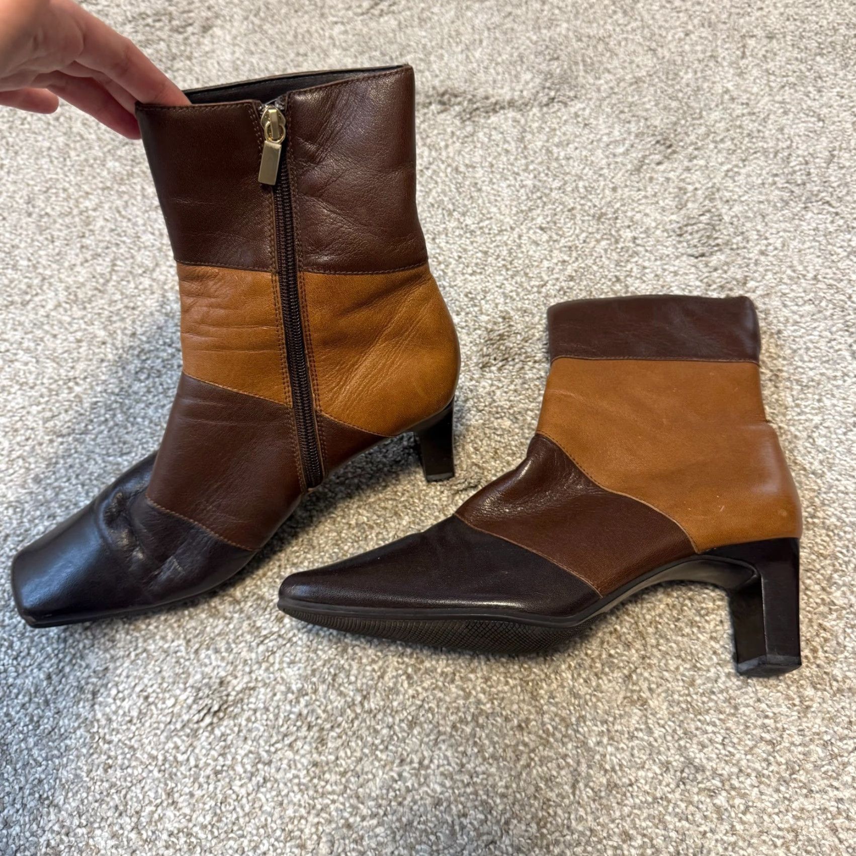 Vintage Y2K Vintage Leather Square Toe Ankle Boots 8 Brown Patchwork 70s Block Heel Size US 8 / IT 38 - 4 Thumbnail