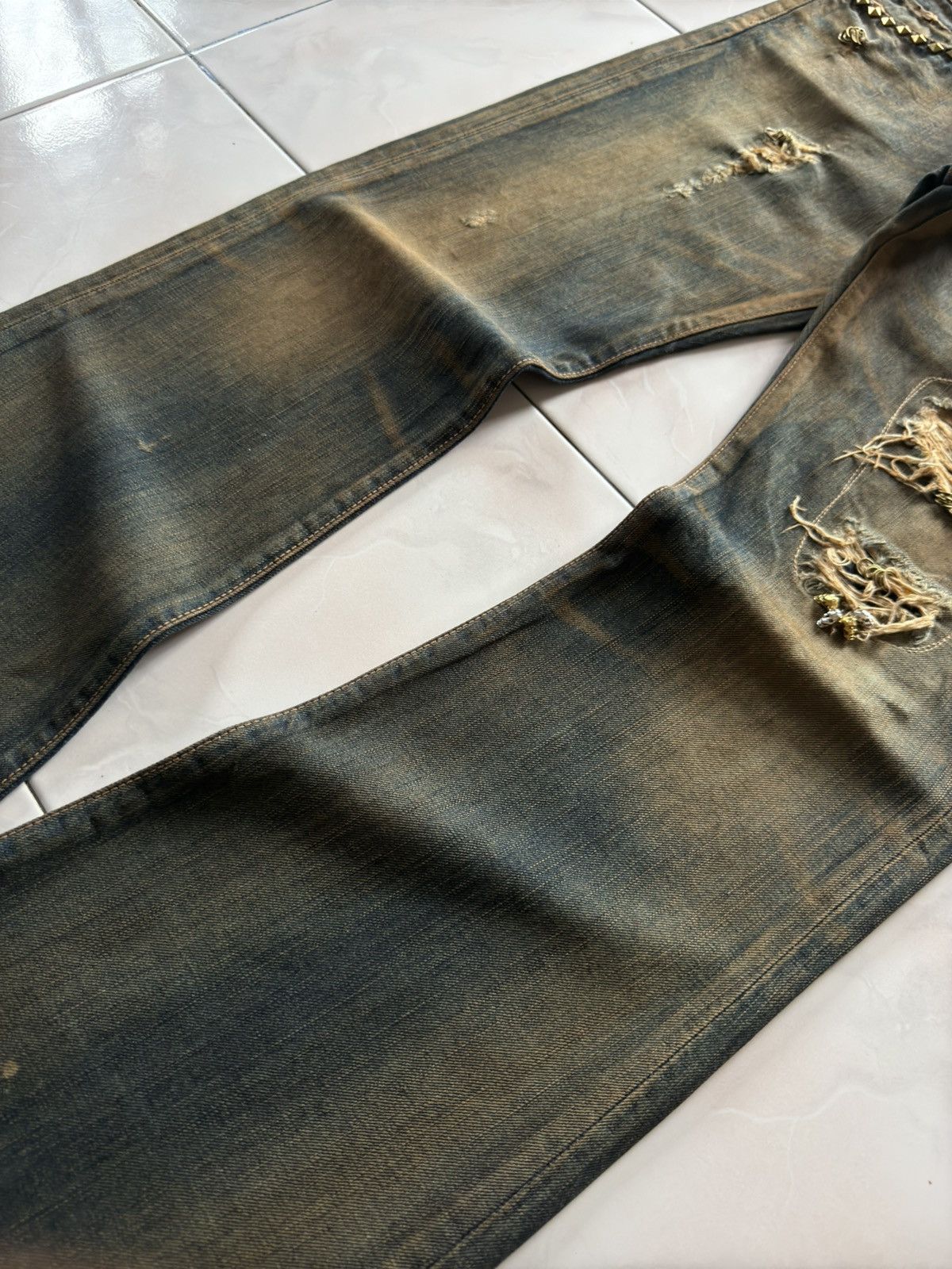 If Six Was Nine Rare Edwin 535 Pierced & Studs Heavy Mud Wash Flared Jeans Size US 32 / EU 48 - 14 Thumbnail