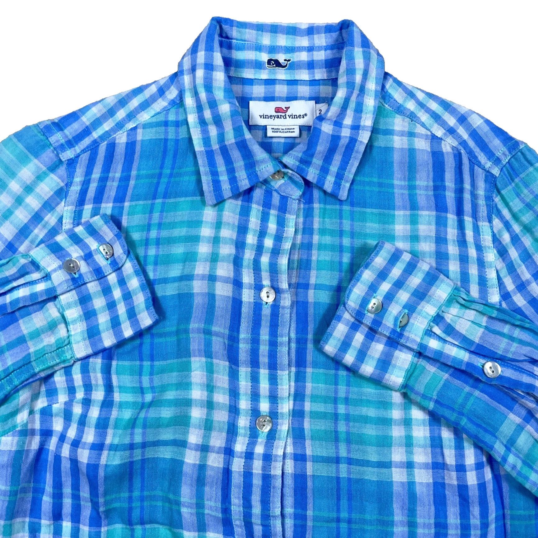 Vineyard Vines VINEYARD VINES Shirt Women 2 Button-Up Tartan Plaid Light Blue Cotton Color Blue Plaid Pattern Casual Womens Size XS / US 0-2 / IT 36-38 - 2 Thumbnail