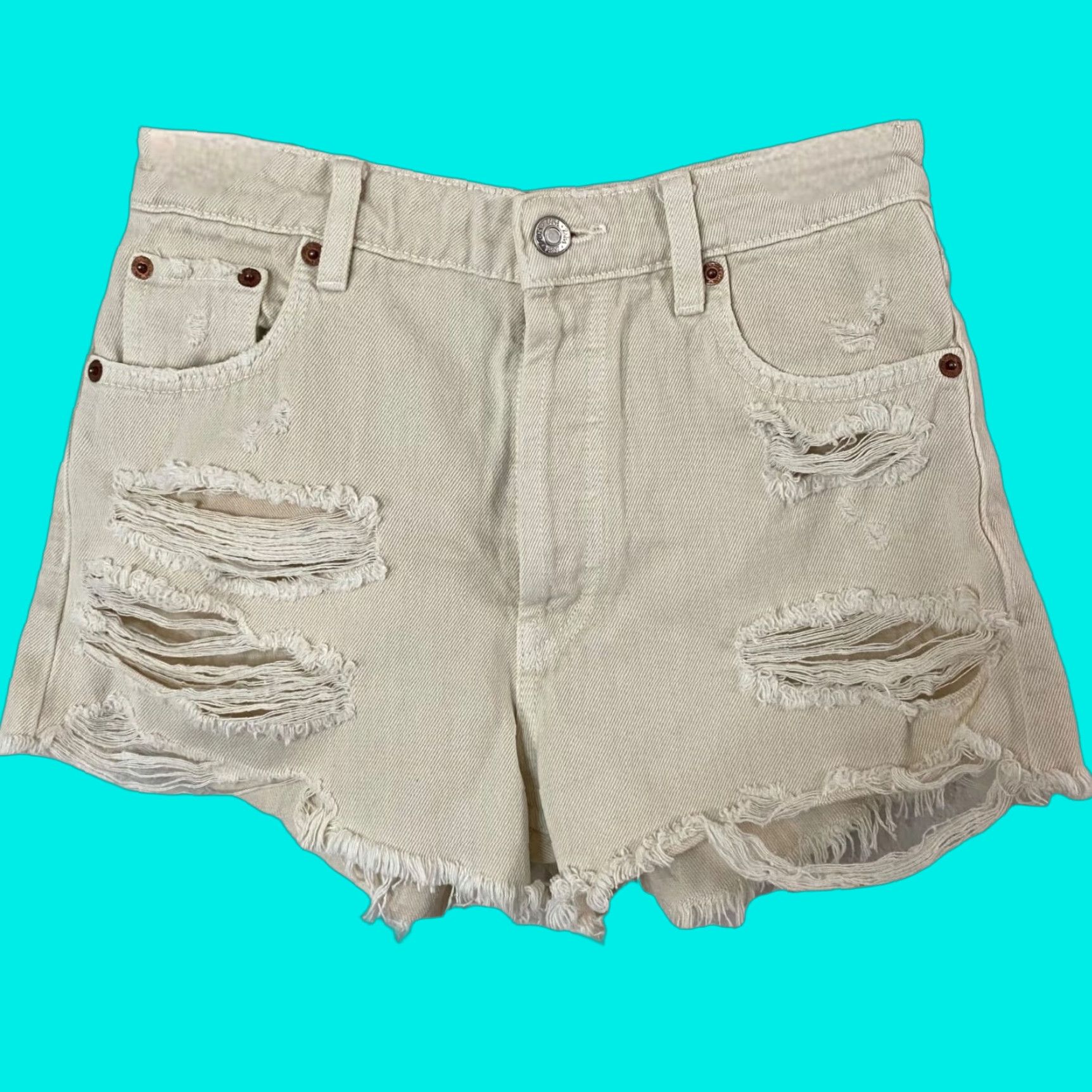 Zara Zara High-Waisted Jean Shorts Women's 2 Cream Distressed Raw-Hem Frayed Denim Shirt? Size 26" / US 2 / IT 38 - 1 Thumbnail