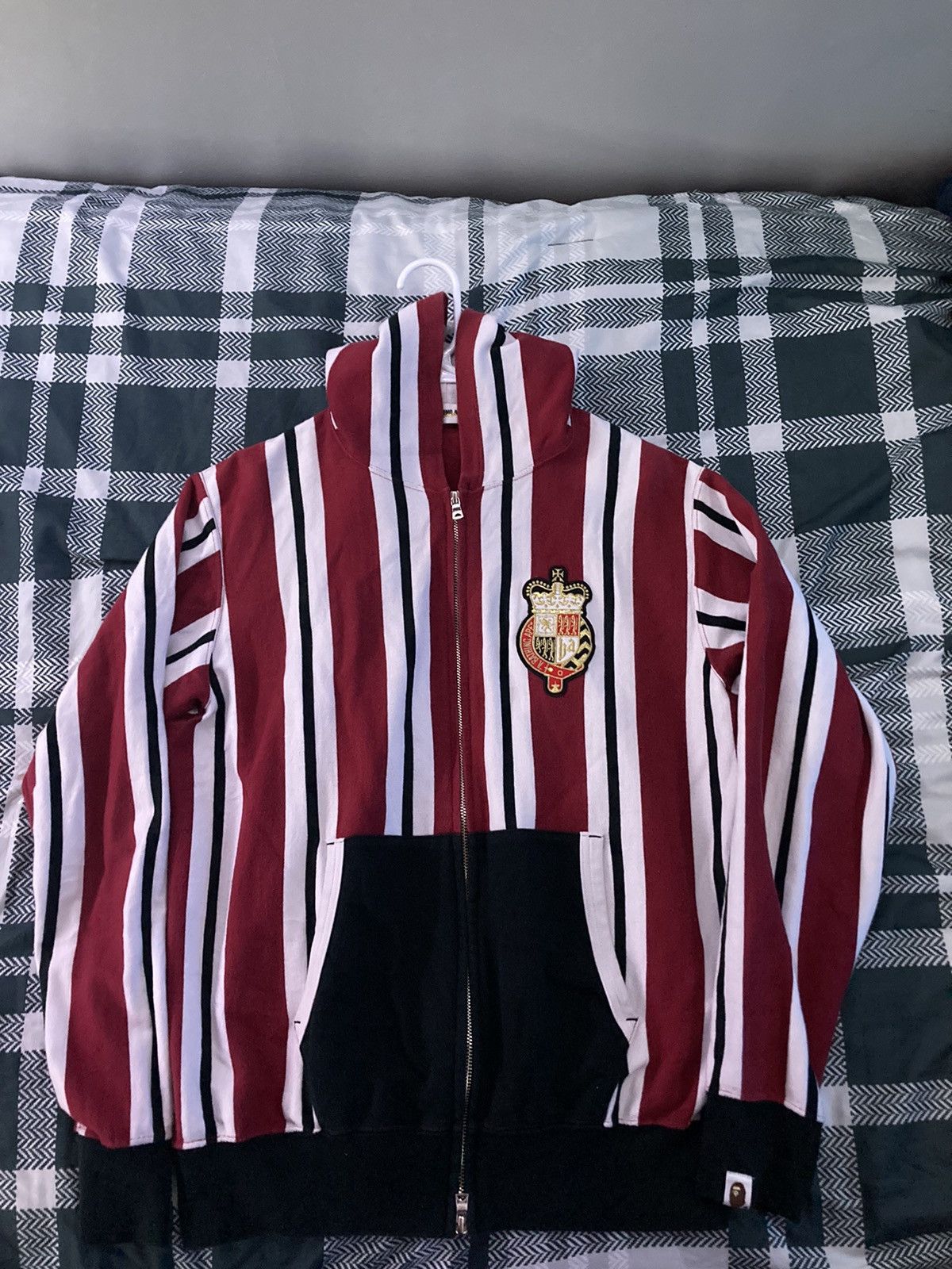 image of Bape Striped Crest Hoodie in Red, Men's (Size Large)