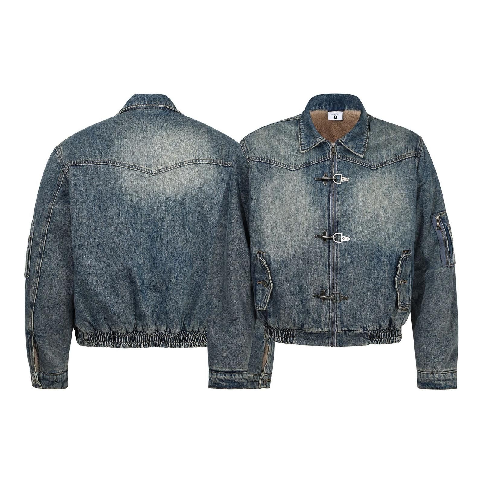 Jean Blue Washed Denim Jacket with Fireman Clasp, Faux Fur Lined Size US M / EU 48-50 / 2 - 4 Thumbnail