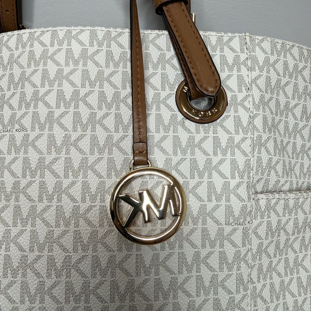Michael Kors Michael Kors Cream MK Logo Tote with Tan Straps Size ONE SIZE - 2 Thumbnail