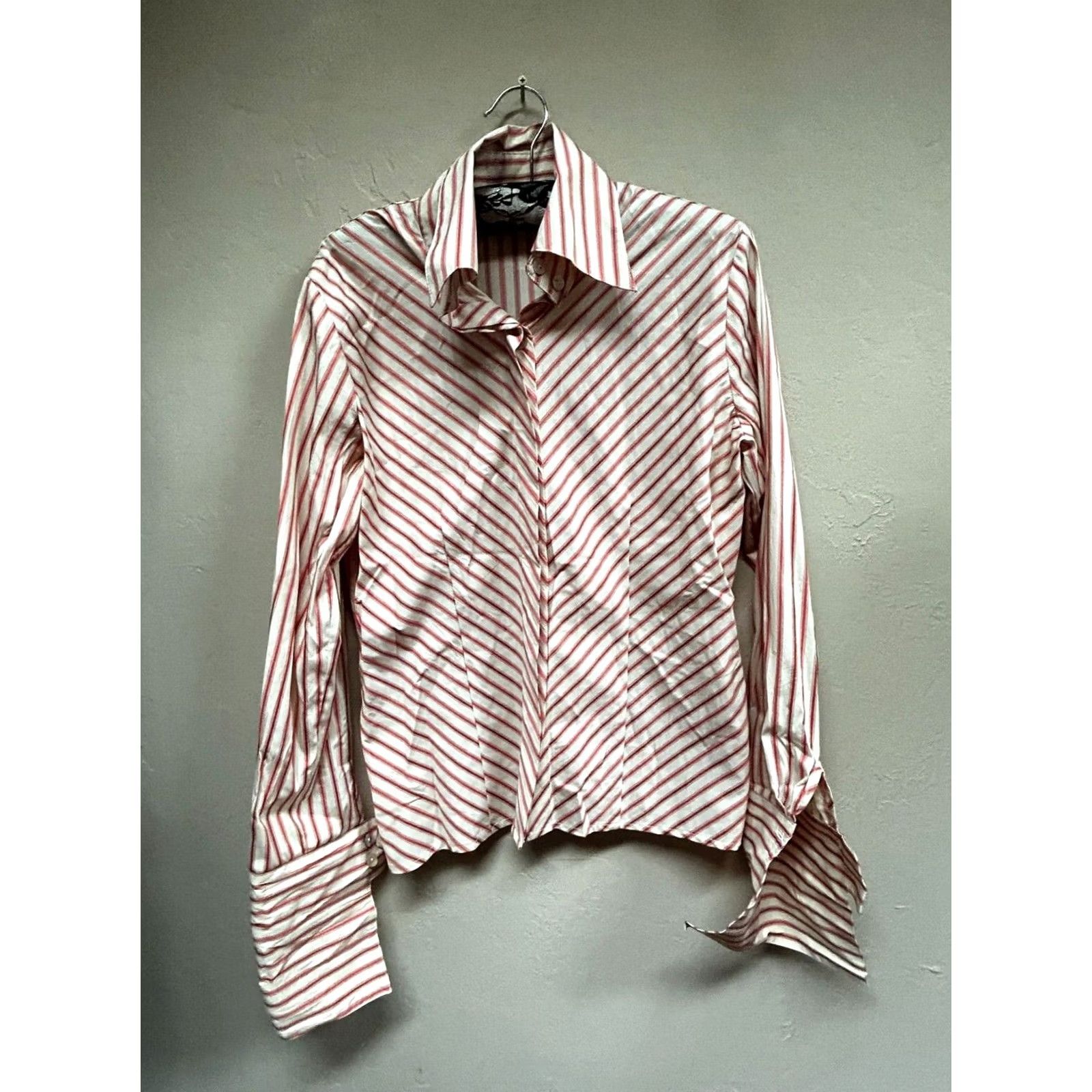 Vintage Farinaz Taghavi Women's Button Up Shirt Long Sleeve Striped Top Red Ivory Size 8 Size M / US 6-8 / IT 42-44 - 2 Thumbnail
