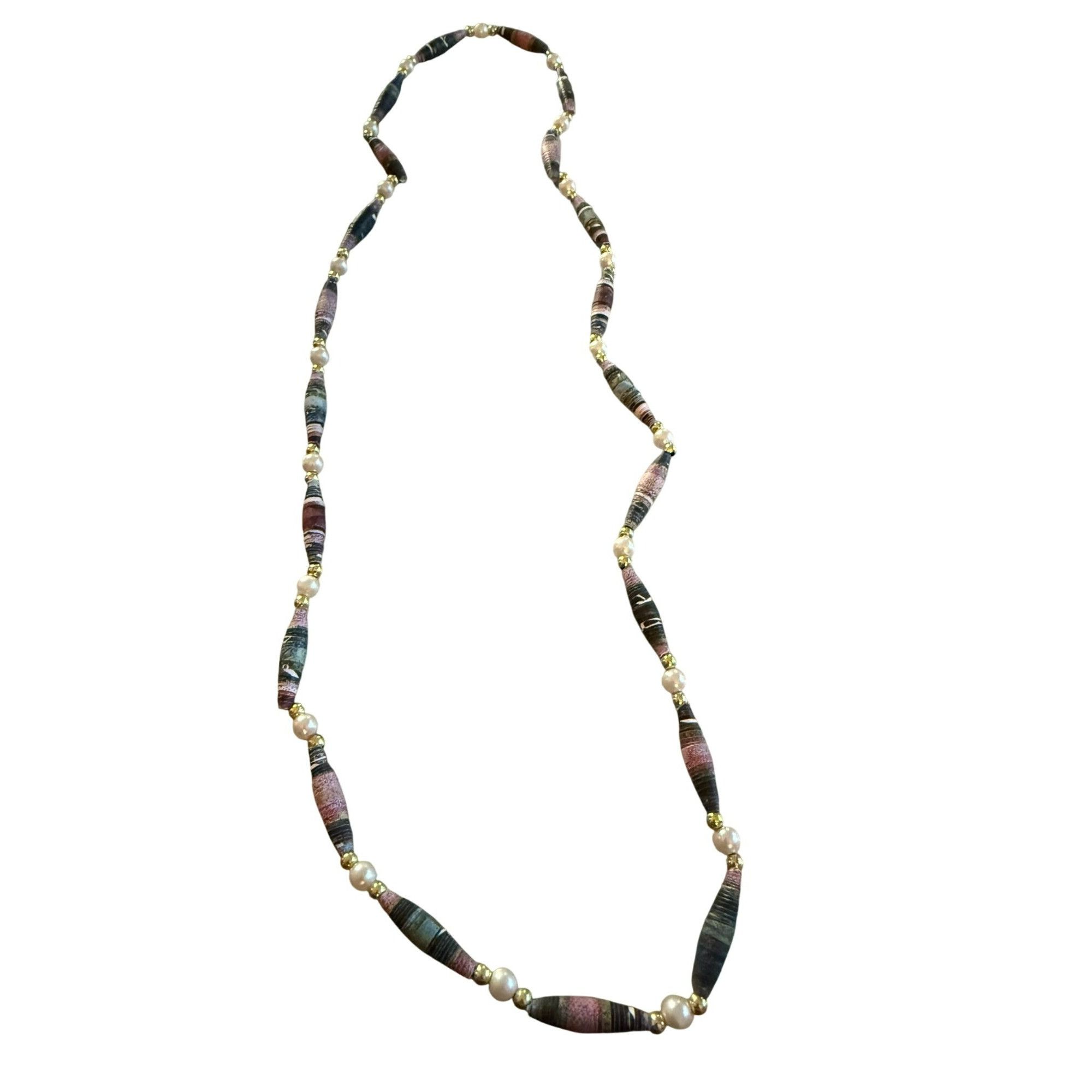 Other Handmade Rolled Paper Bead Necklace With Faux Pearls & Gold Size ONE SIZE - 1 Thumbnail