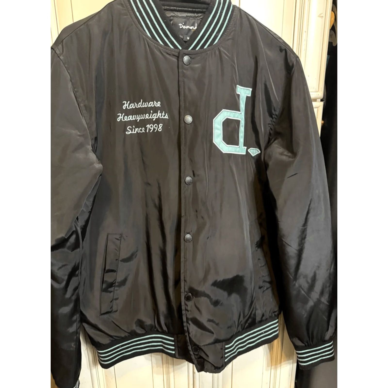 Vintage Diamond Men's Varsity Jacket Shirt Jacket Stripe Snap Button Quilted Lined Black Green Medium Size US M / EU 48-50 / 2 - 5 Thumbnail