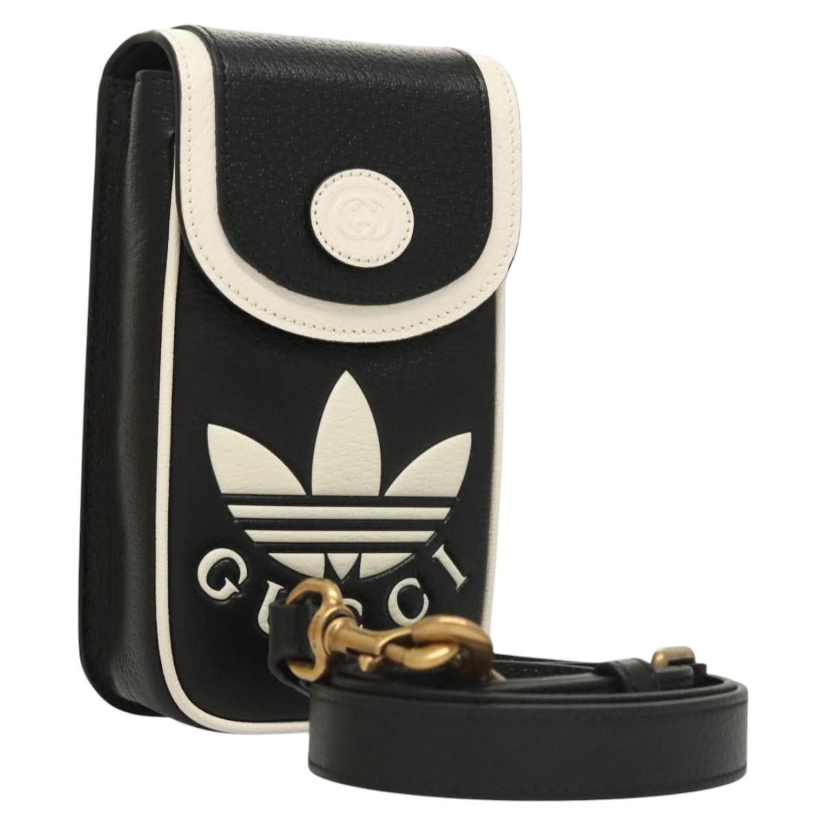 Gucci Adidas Collaboration Shoulder Bag Leather Black Gold Auth Bs24542, Women's