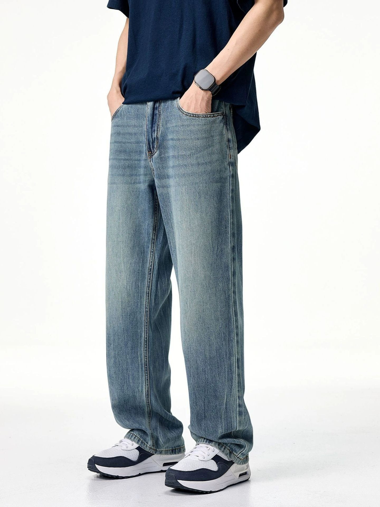 Japanese Brand Retro loose straight street men's washed denim jeans Size US 32 / EU 48 - 2 Thumbnail